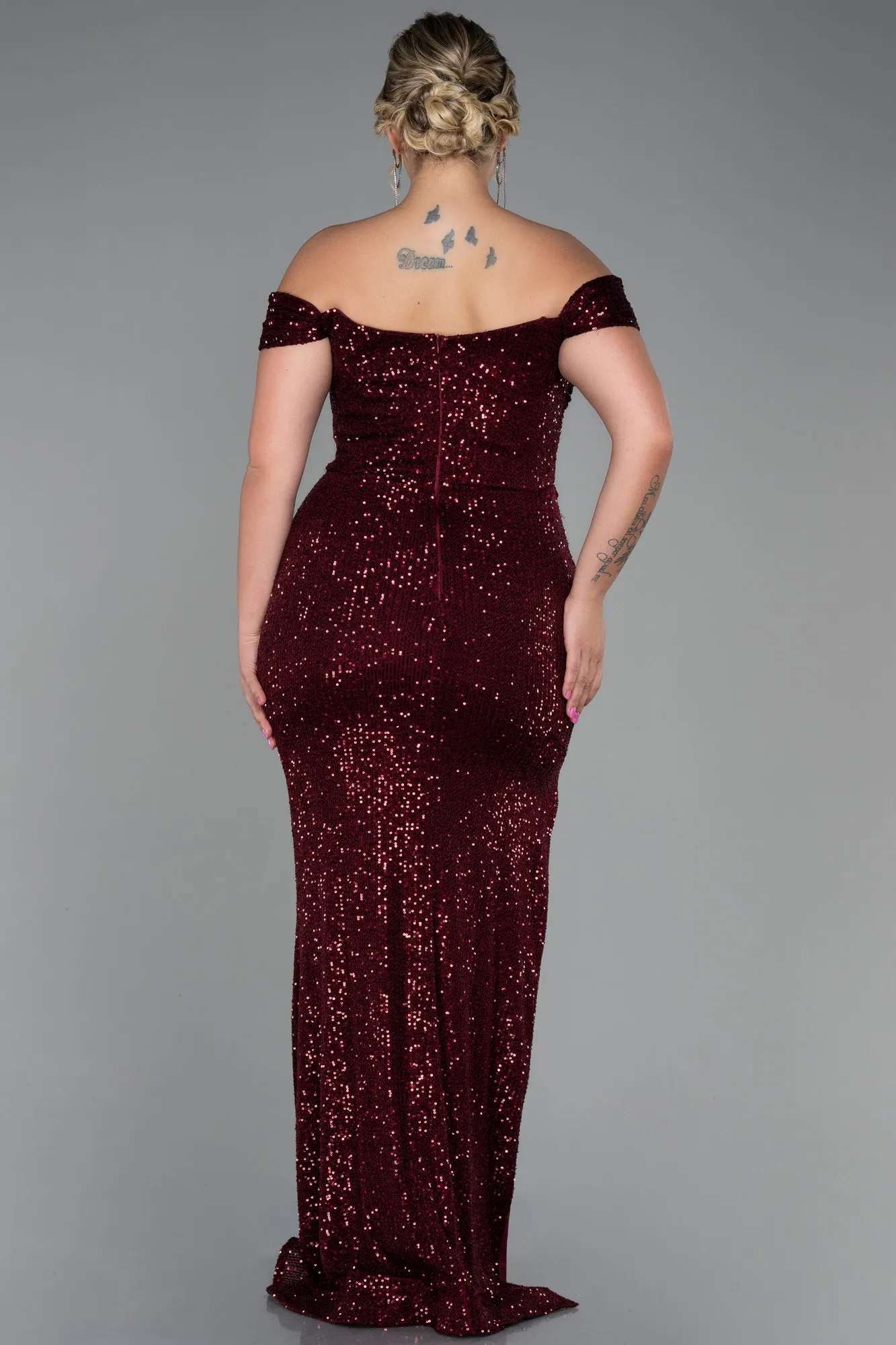 Burgundy-Long Scaly Plus Size Evening Dress ABU3203