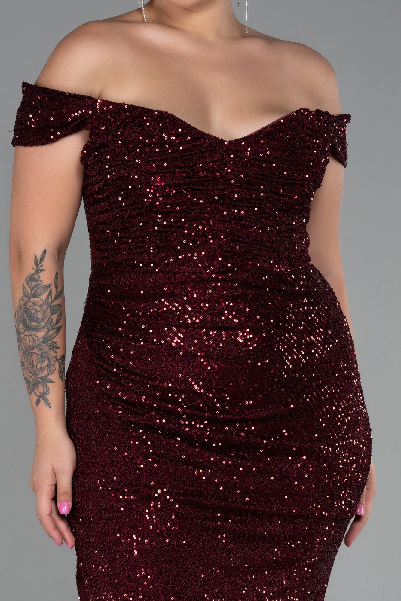 Burgundy-Long Scaly Plus Size Evening Dress ABU3203