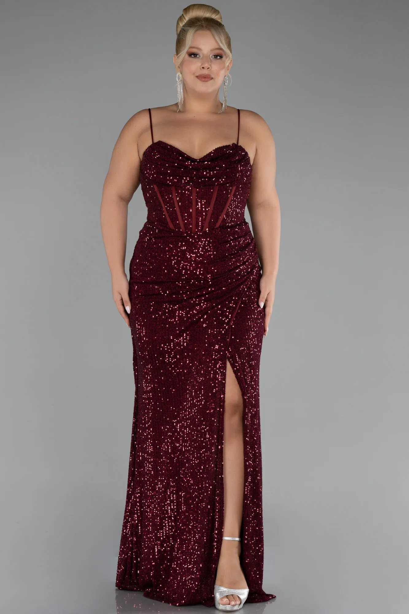 Burgundy-Long Scaly Plus Size Evening Dress ABU3322