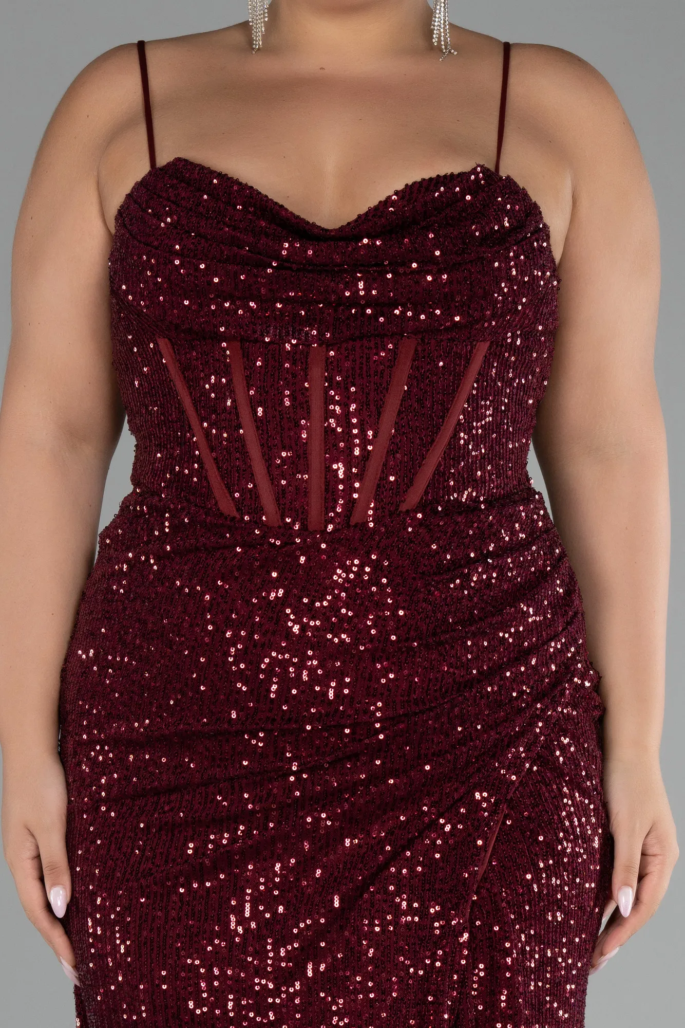 Burgundy-Long Scaly Plus Size Evening Dress ABU3322