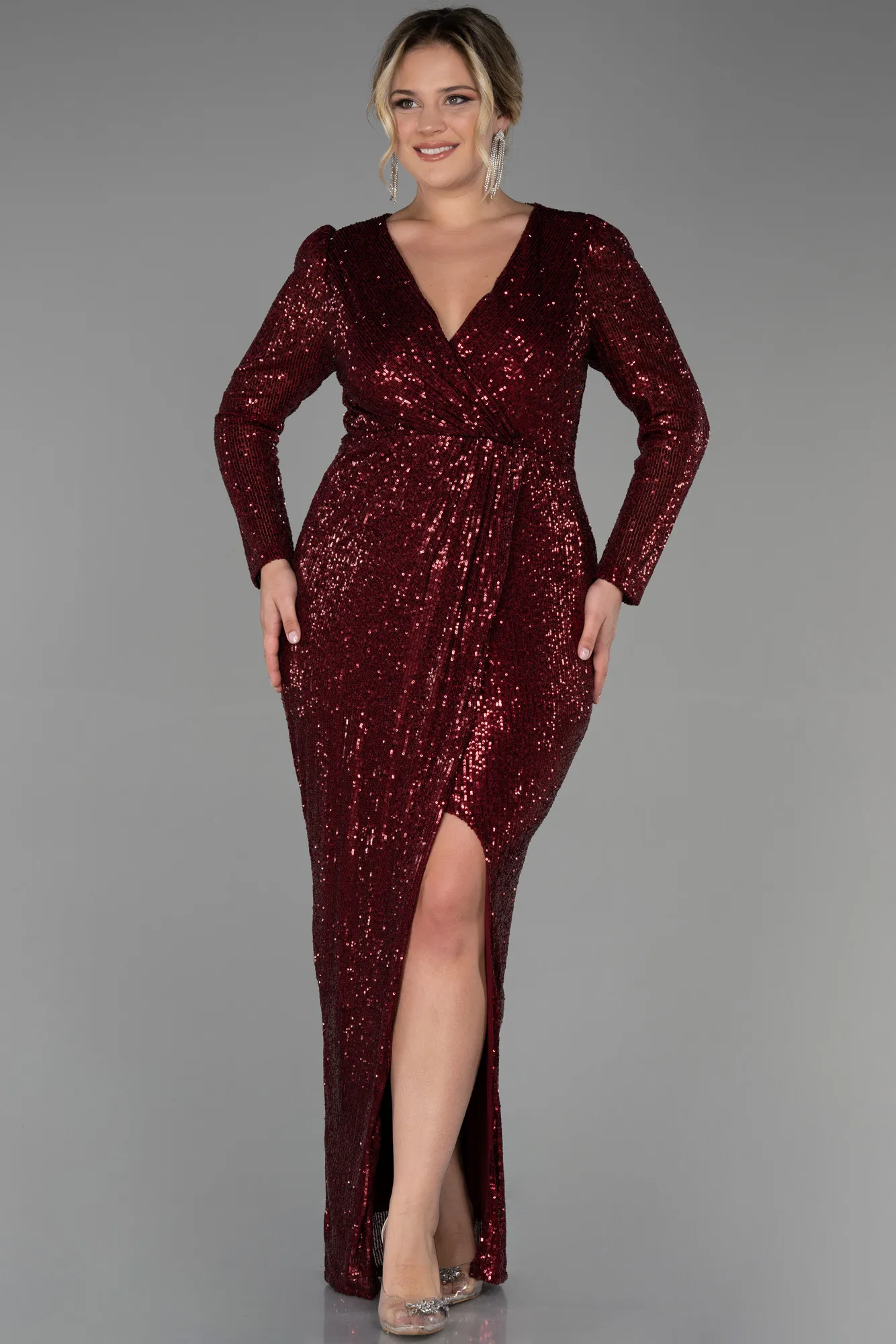 Burgundy-Long Scaly Plus Size Evening Dress ABU3340