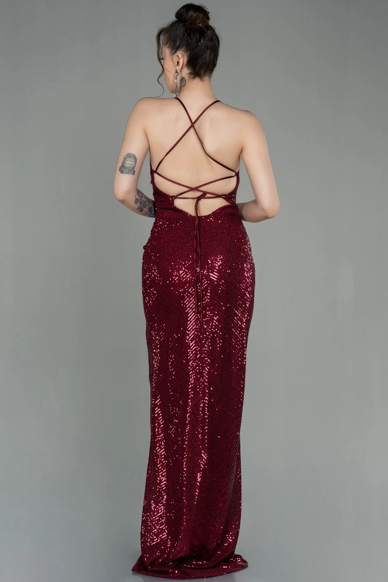 Burgundy-Long Scaly Prom Gown ABU2955