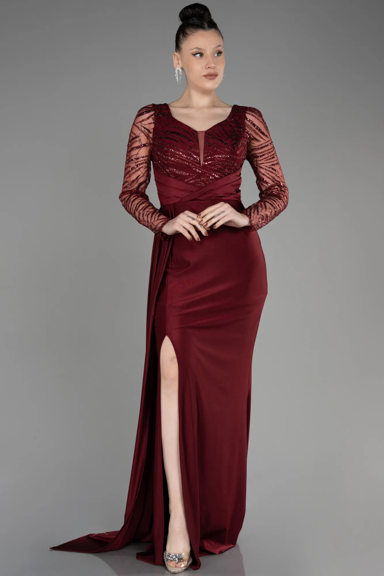 Burgundy-Long Sleeve Evening Dress ABU3834