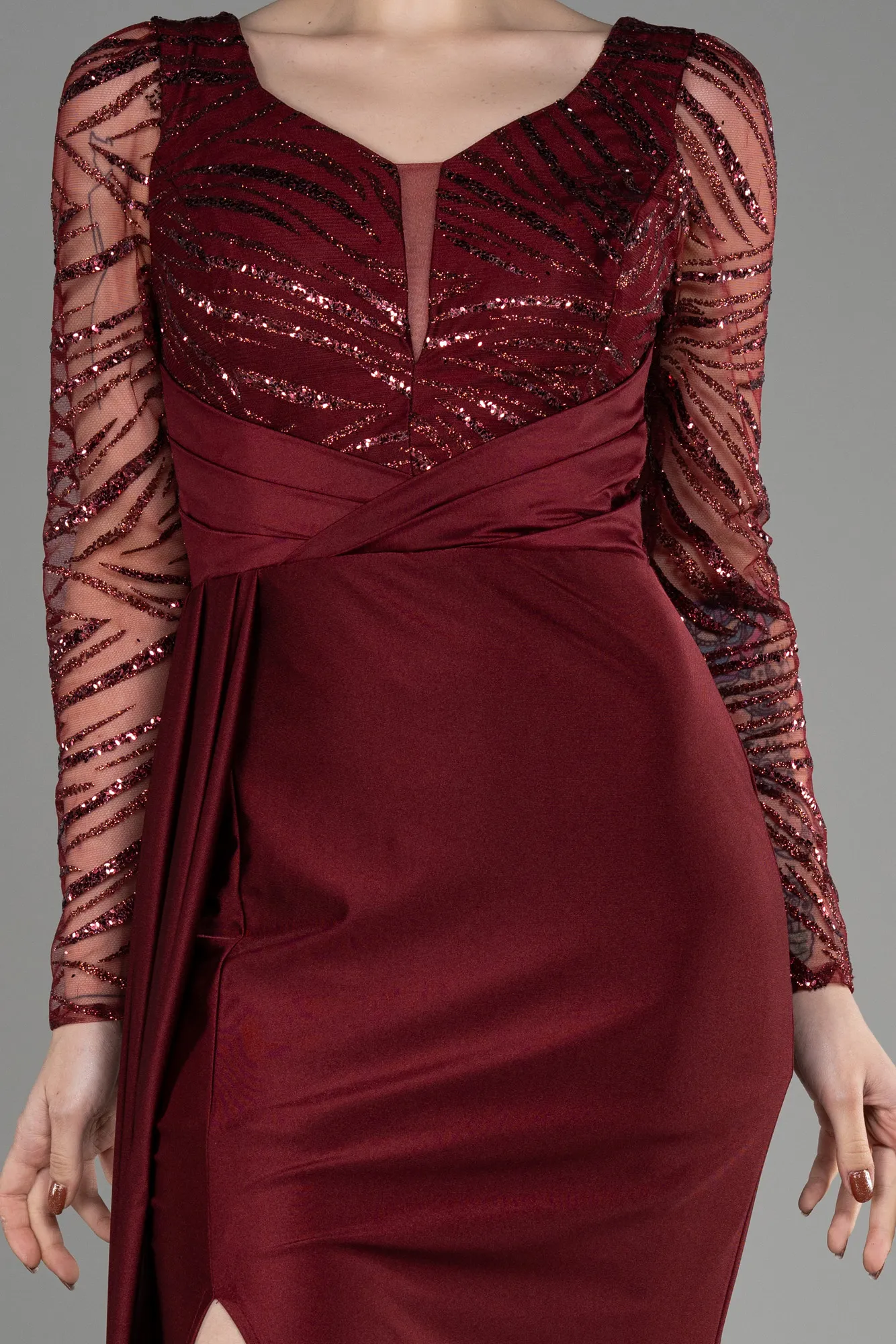 Burgundy-Long Sleeve Evening Dress ABU3834