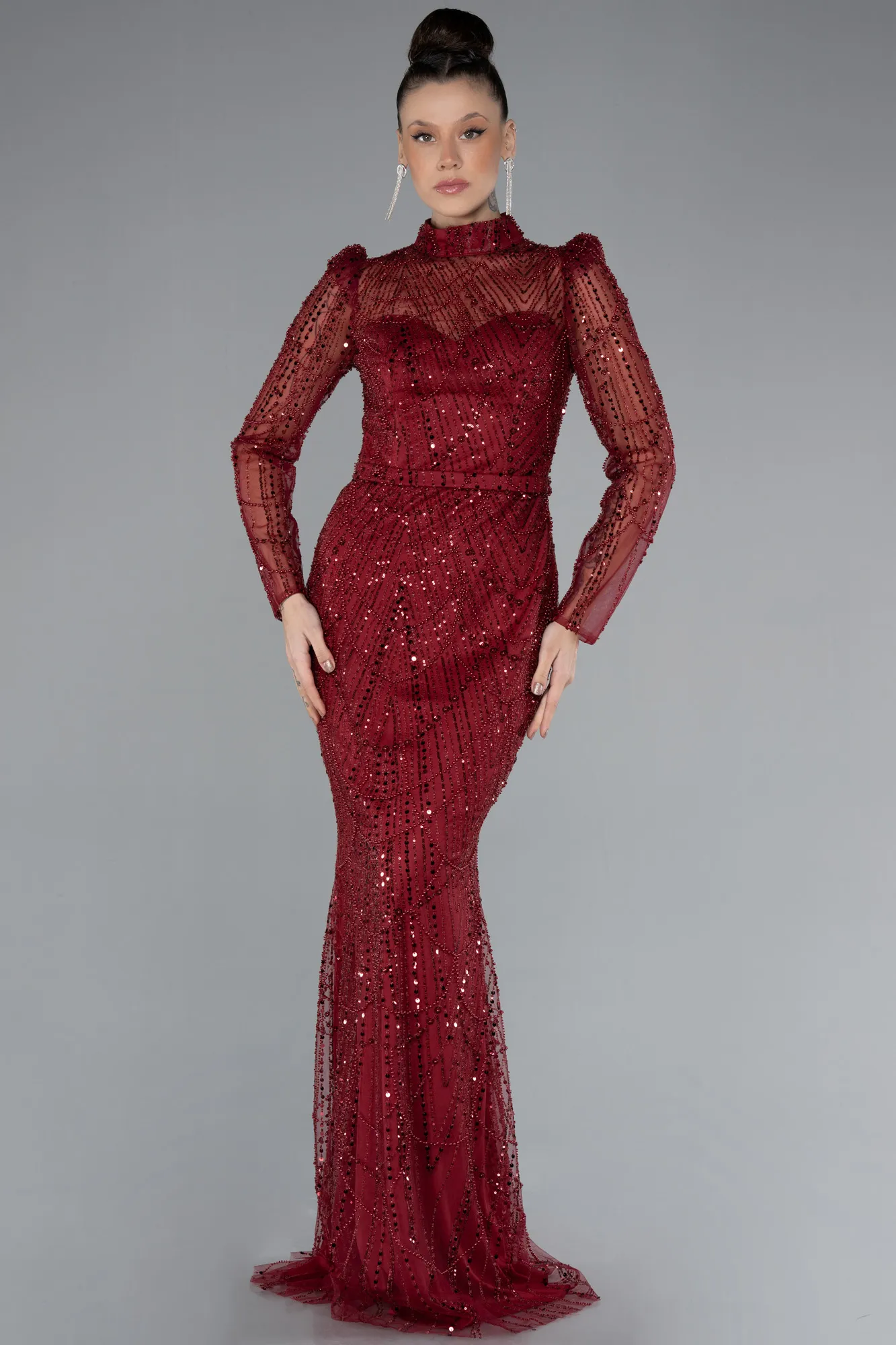 Burgundy-Long Sleeve High Collar Stoned Evening Gown ABU4526