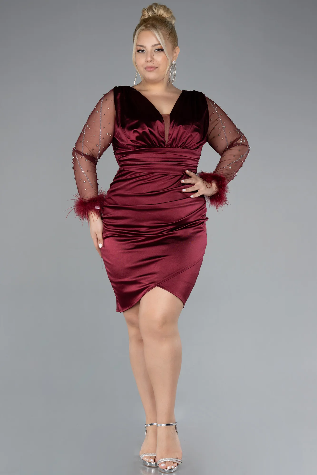 Burgundy-Long Sleeve Short Satin Plus Size Invitation Dress ABK2161