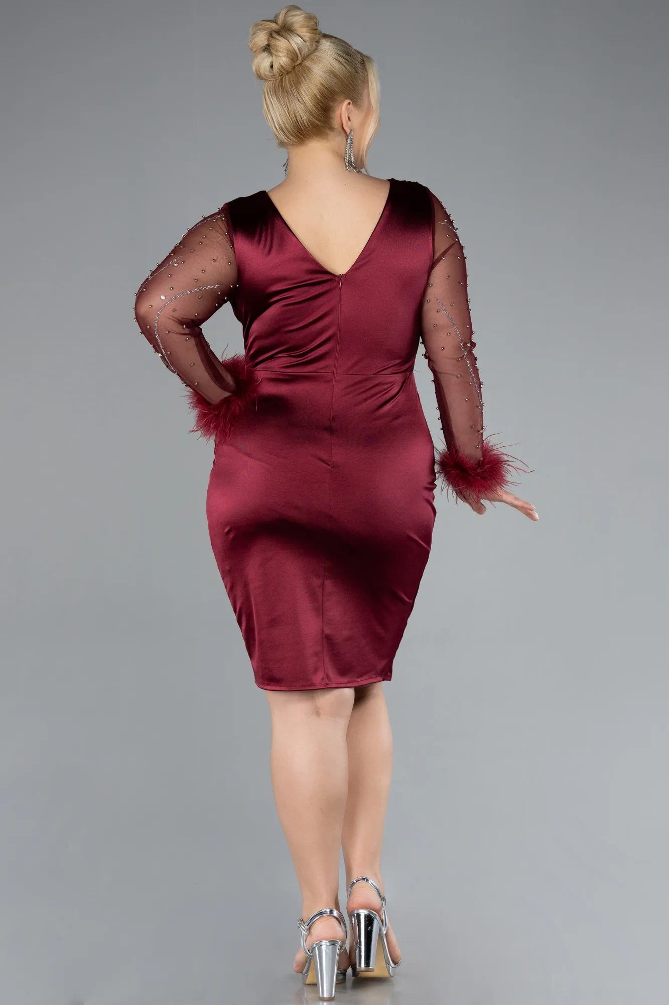 Burgundy-Long Sleeve Short Satin Plus Size Invitation Dress ABK2161