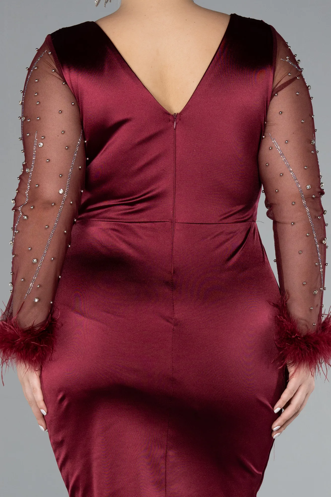 Burgundy-Long Sleeve Short Satin Plus Size Invitation Dress ABK2161