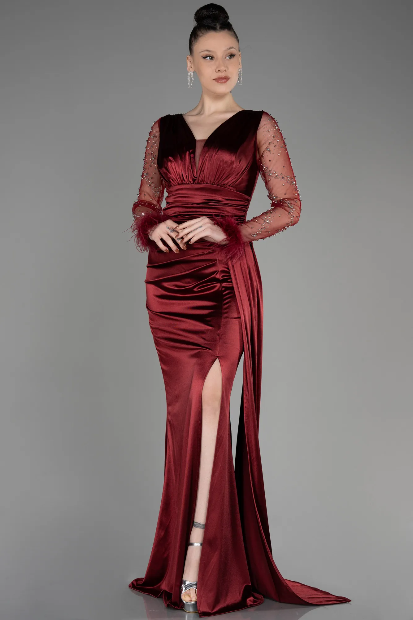 Burgundy-Long Sleeve Slit Satin Evening Dress ABU3835
