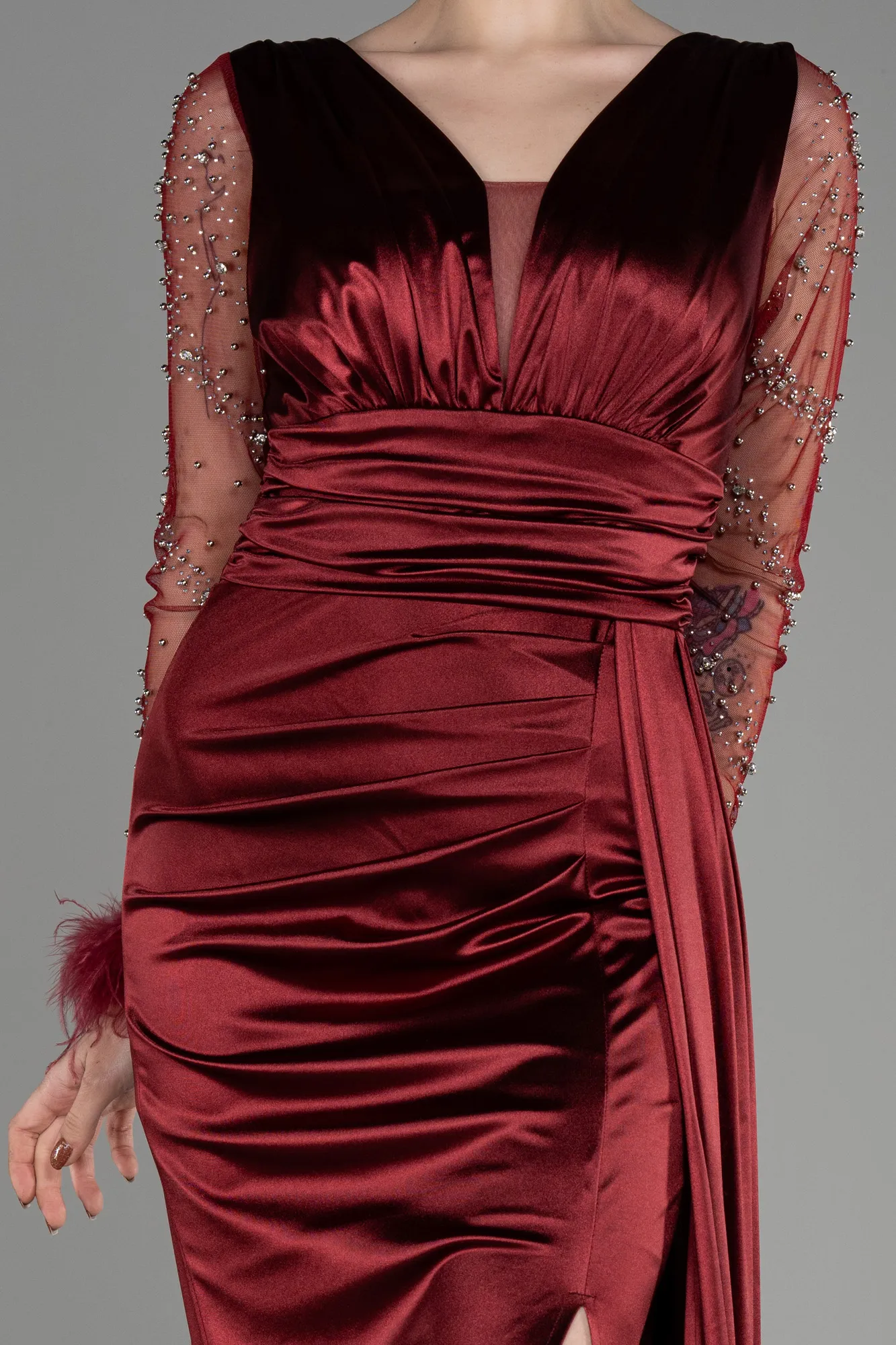 Burgundy-Long Sleeve Slit Satin Evening Dress ABU3835