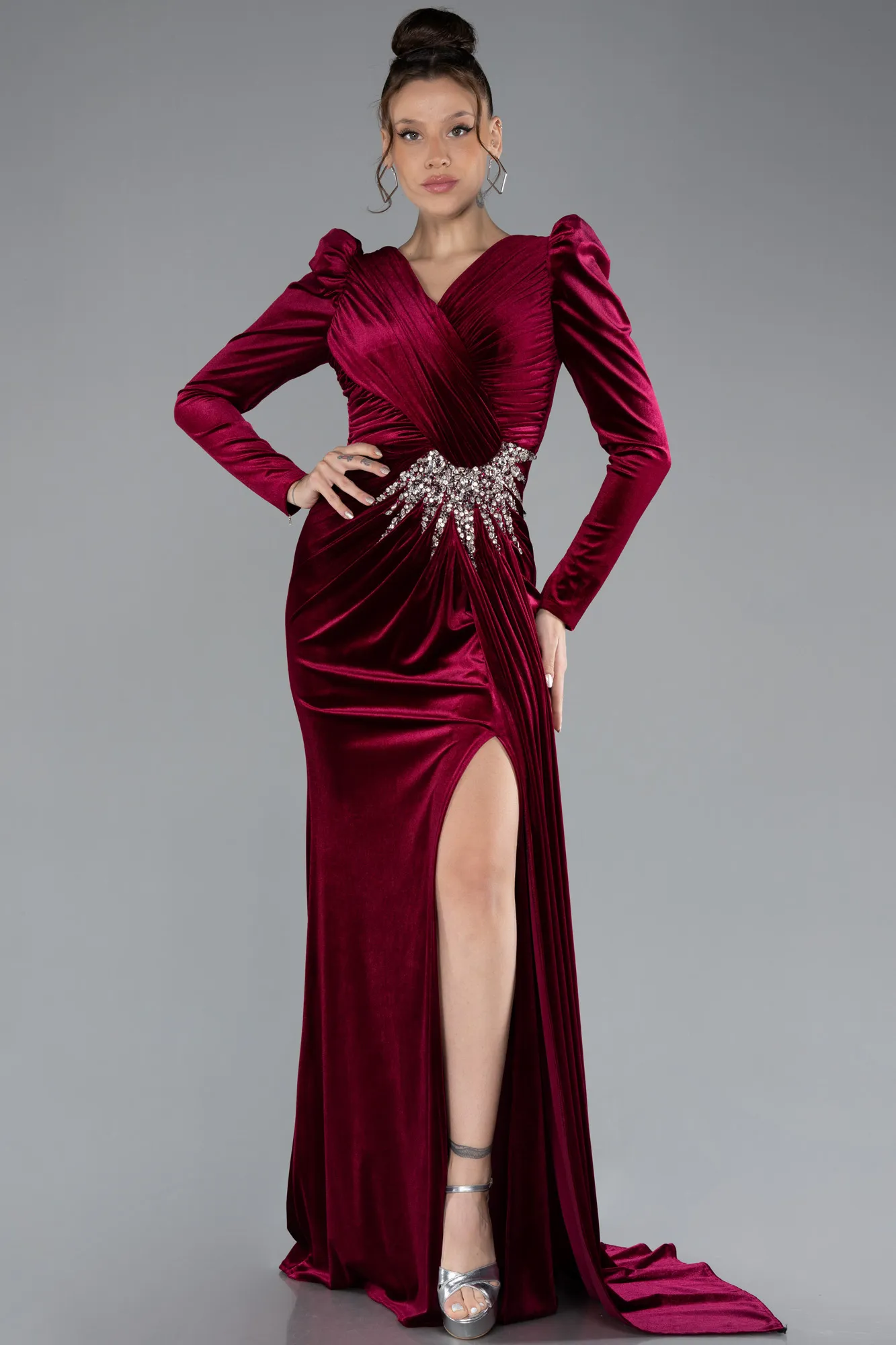 Burgundy-Long Sleeve Slit Velvet Evening Gown ABU4375