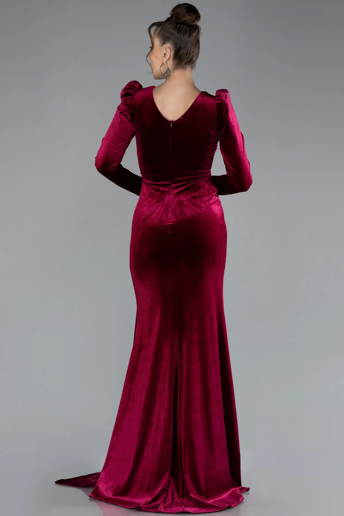 Burgundy-Long Sleeve Slit Velvet Evening Gown ABU4375