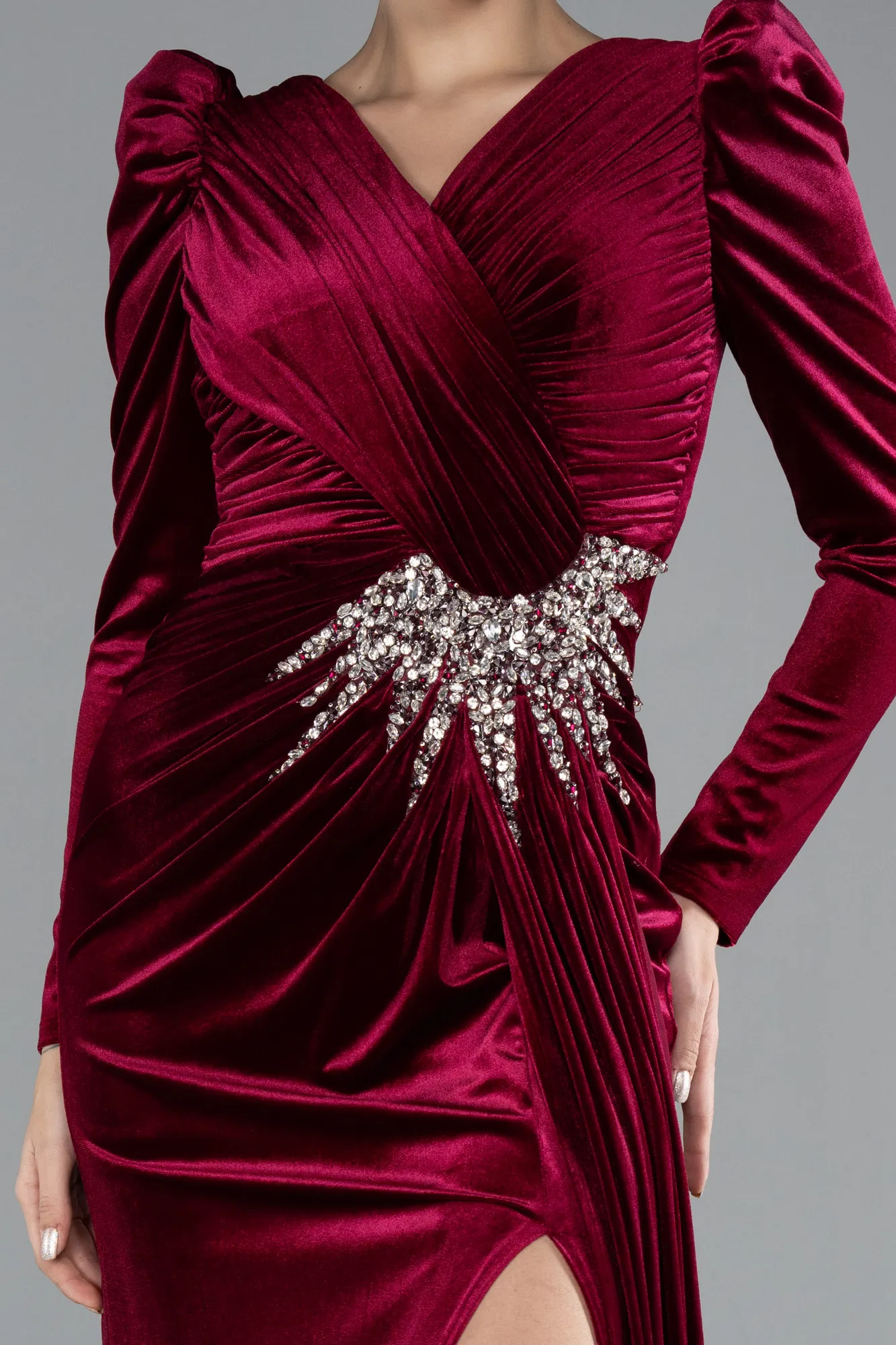 Burgundy-Long Sleeve Slit Velvet Evening Gown ABU4375