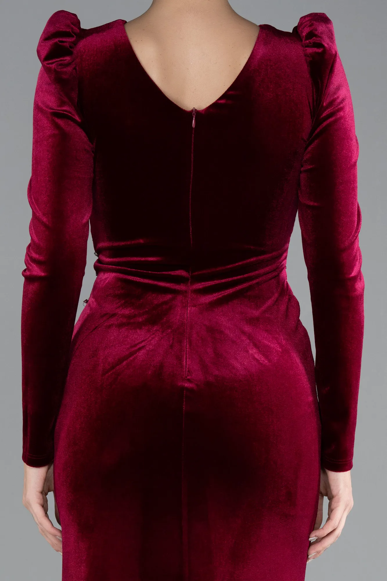 Burgundy-Long Sleeve Slit Velvet Evening Gown ABU4375