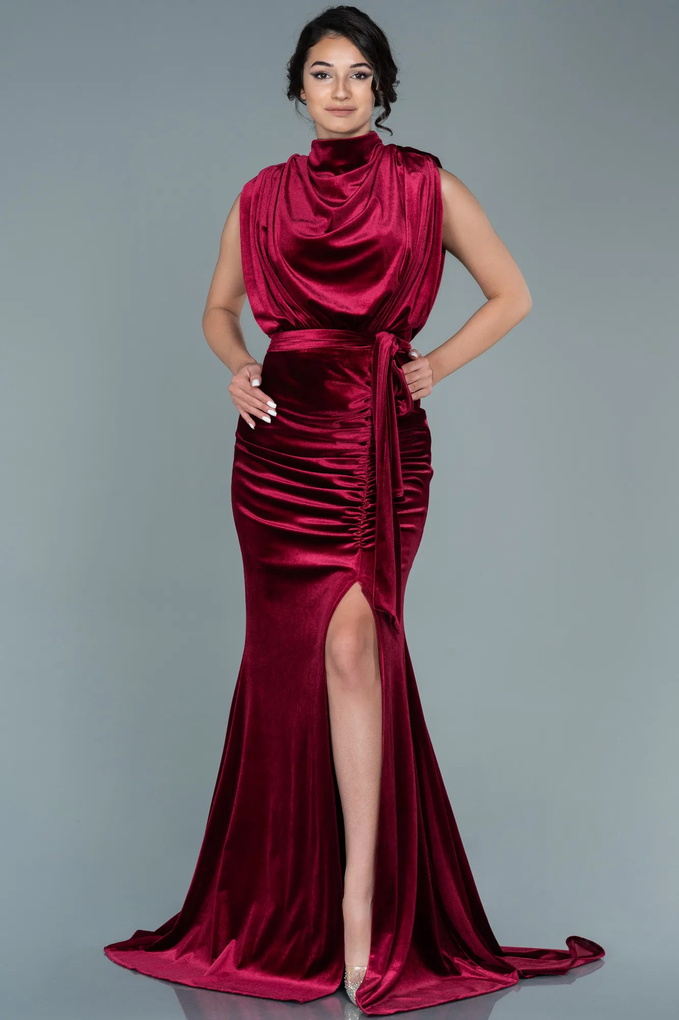 Burgundy-Long Velvet Evening Dress ABU2668