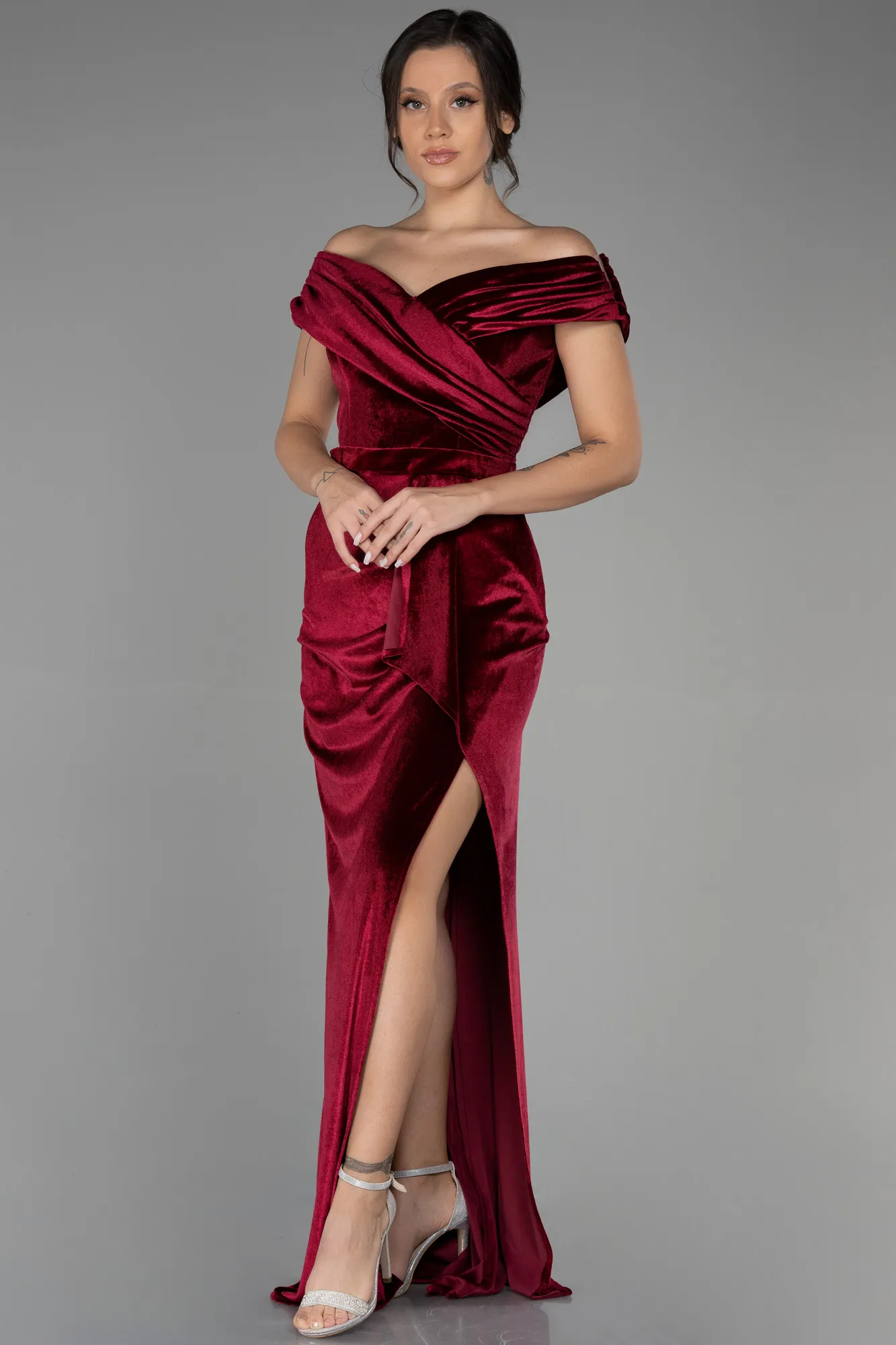 Burgundy-Long Velvet Evening Dress ABU3330