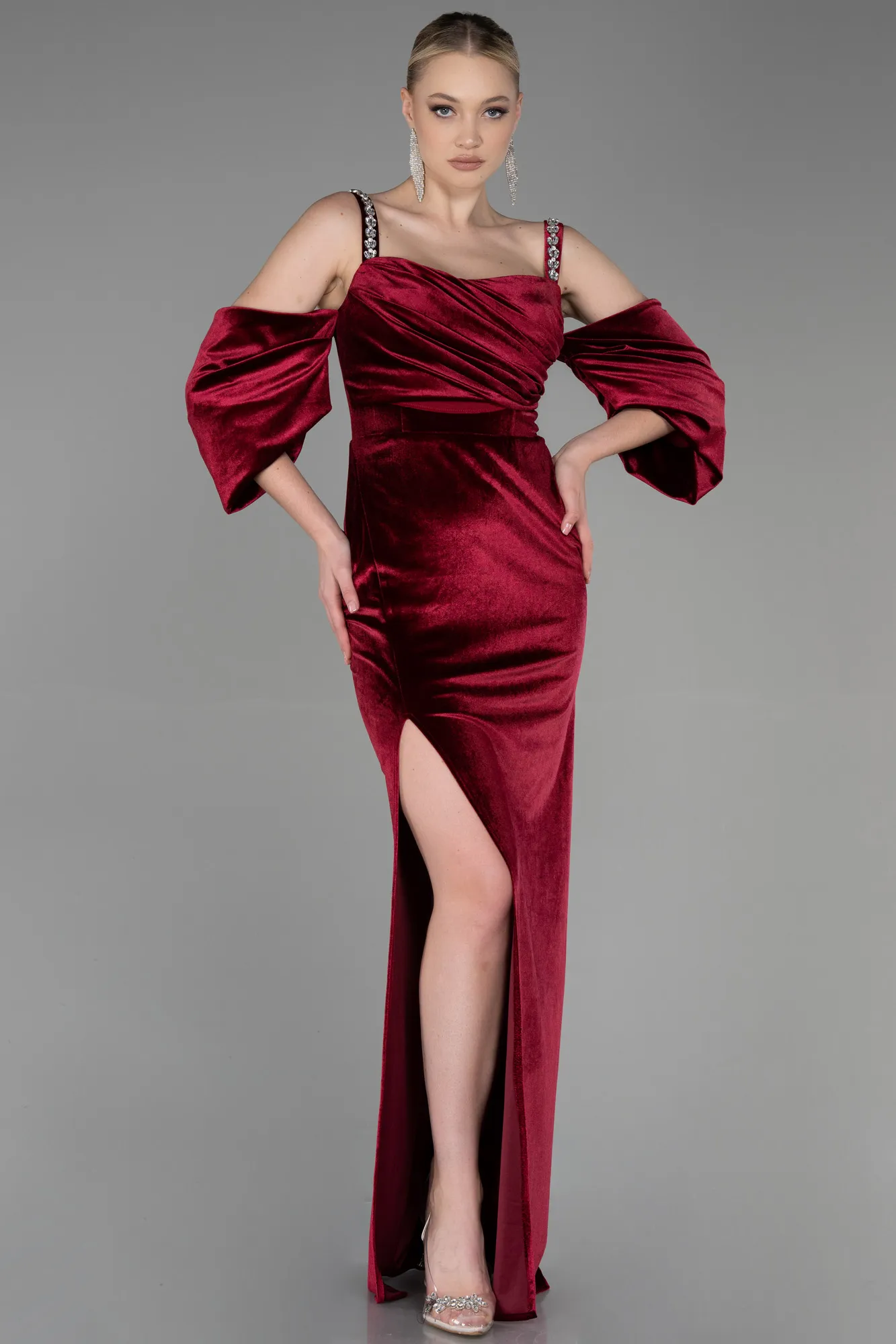 Burgundy-Long Velvet Evening Dress ABU3335