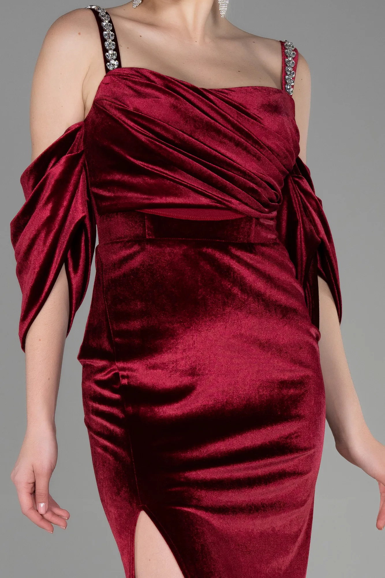 Burgundy-Long Velvet Evening Dress ABU3335
