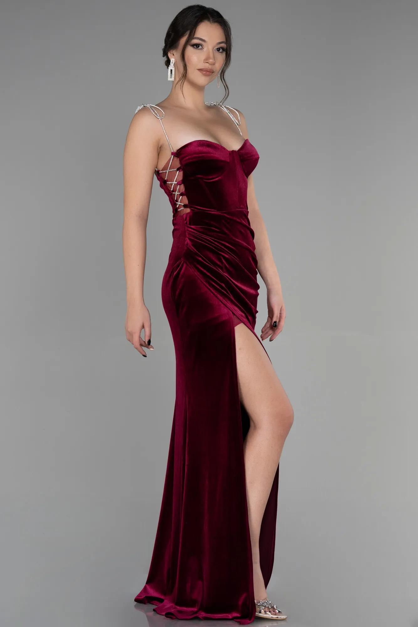 Burgundy-Long Velvet Evening Dress ABU3337