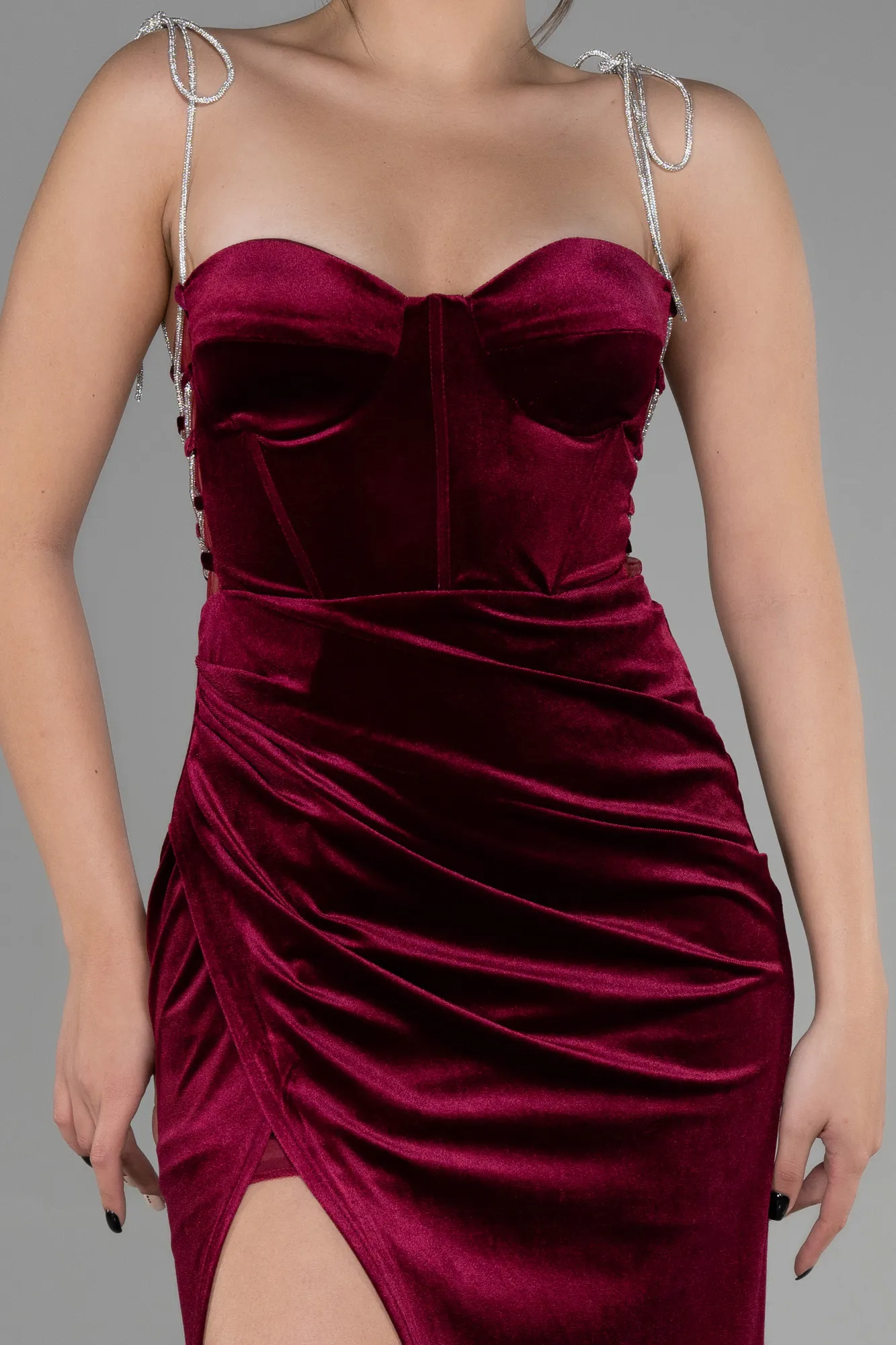 Burgundy-Long Velvet Evening Dress ABU3337