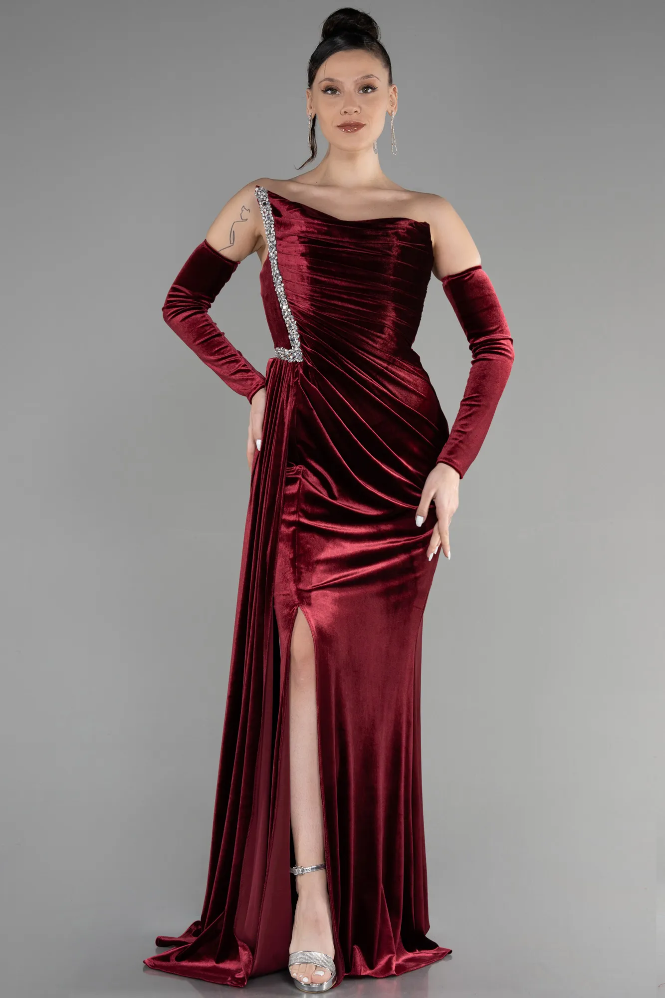 Burgundy-Long Velvet Evening Dress ABU3364