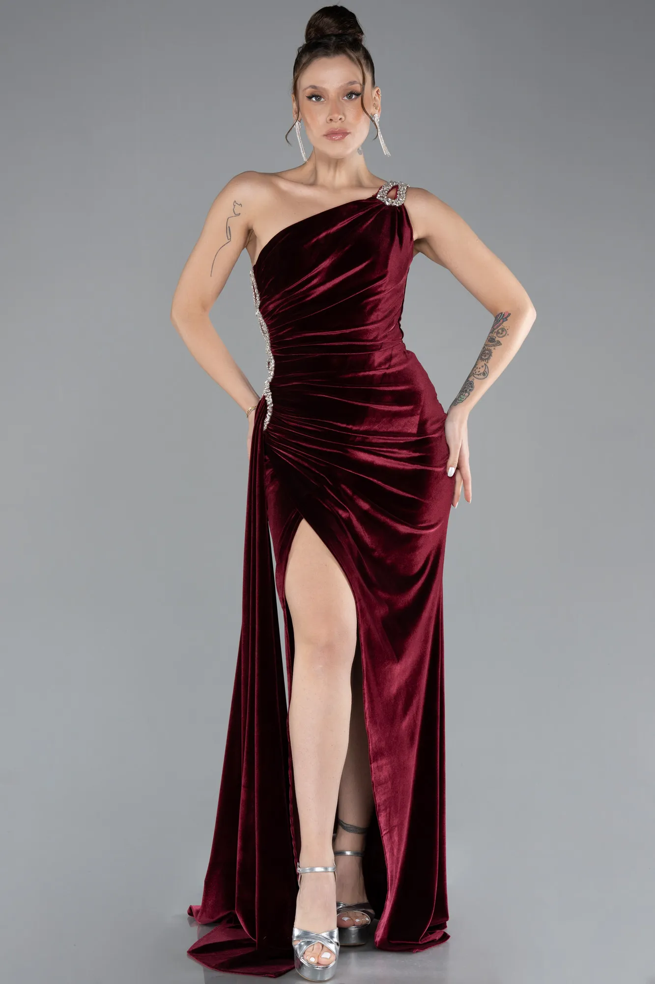 Burgundy-Long Velvet Evening Dress ABU3365