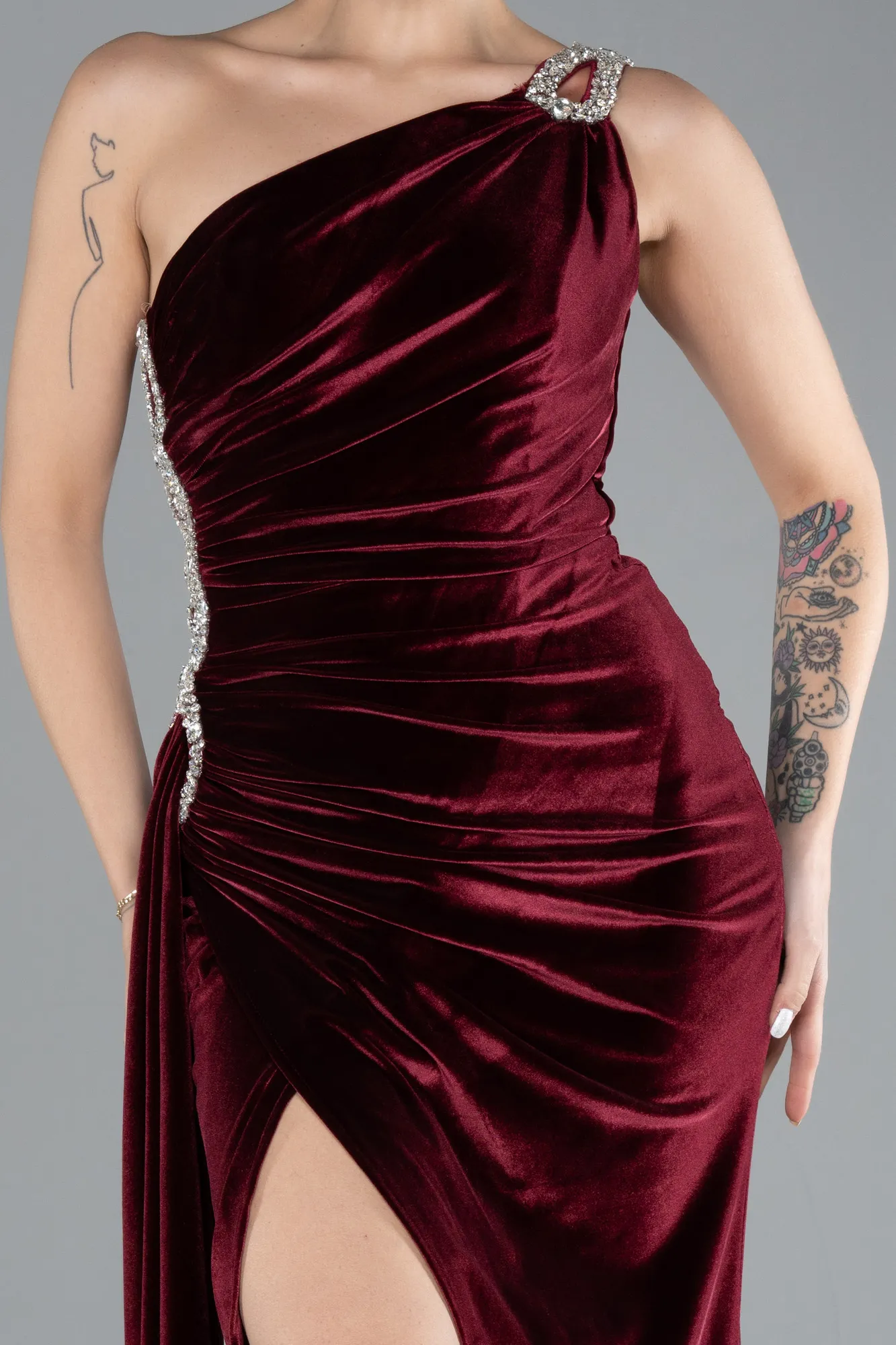 Burgundy-Long Velvet Evening Dress ABU3365