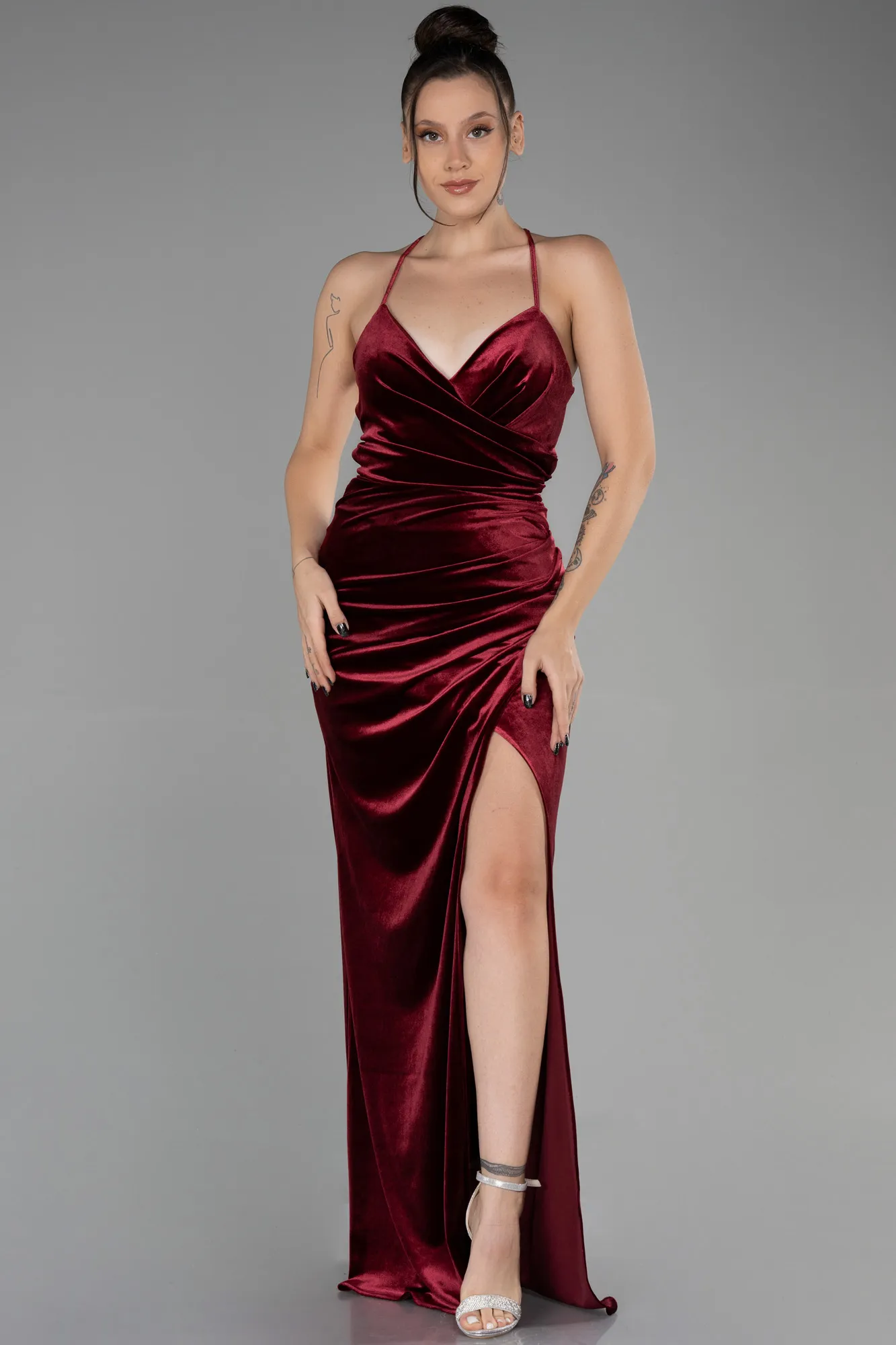 Burgundy-Long Velvet Evening Dress ABU3366