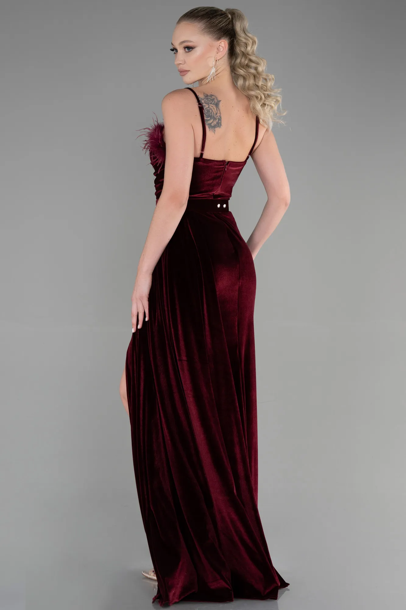 Burgundy-Long Velvet Evening Dress ABU3387