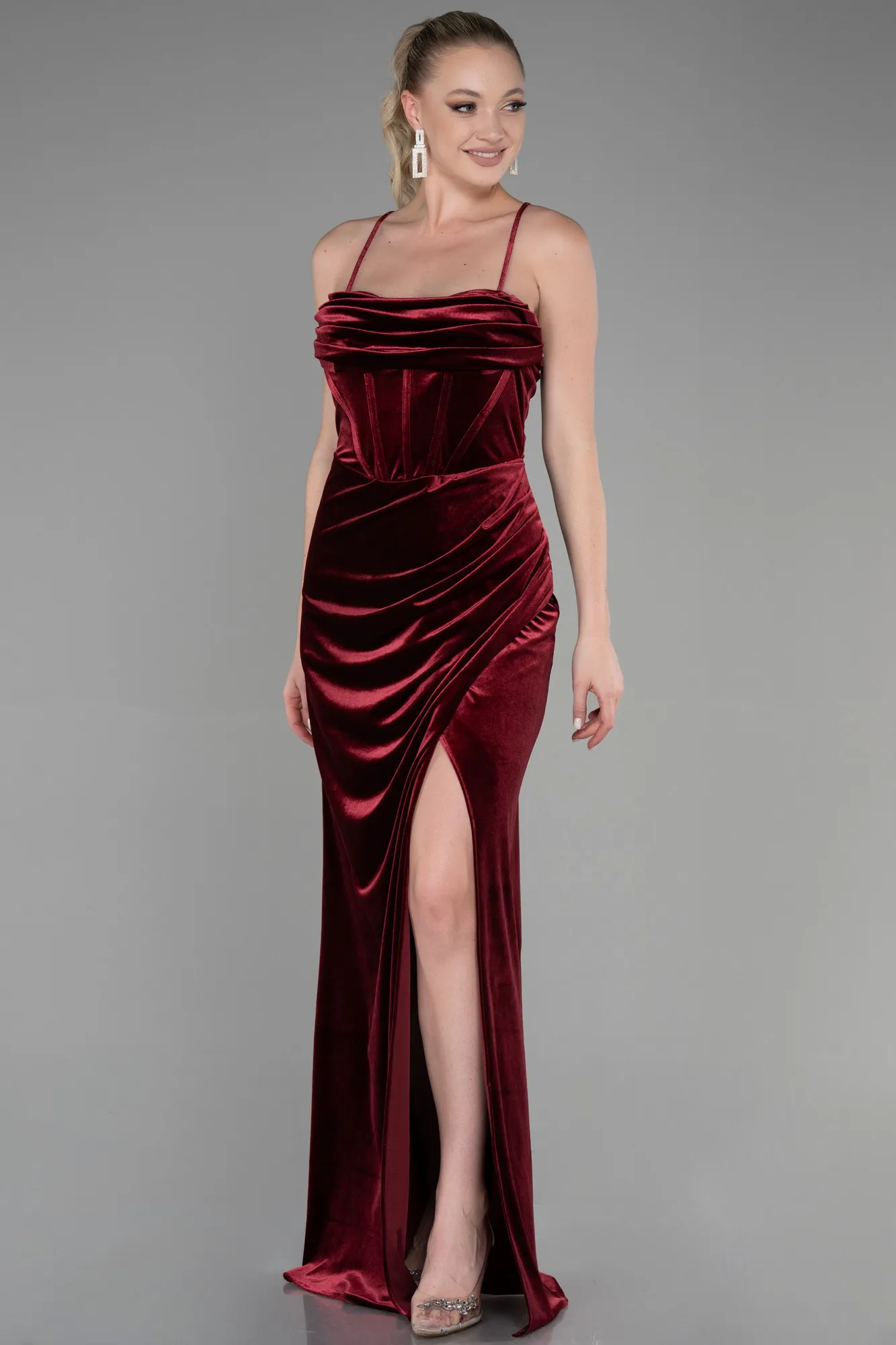 Burgundy-Long Velvet Evening Dress ABU3395