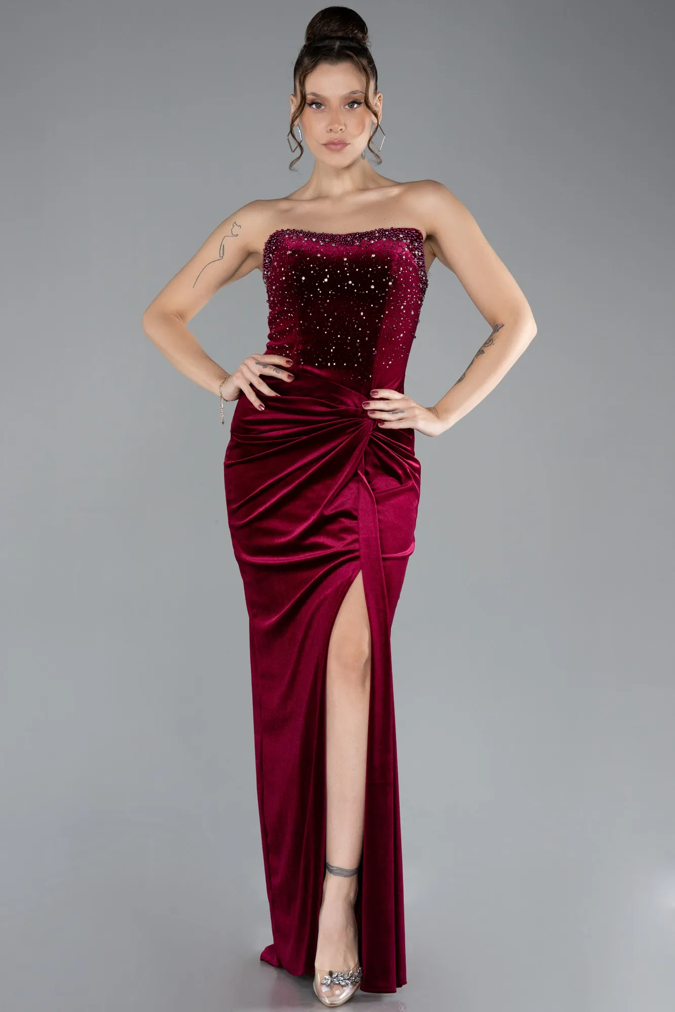 Burgundy-Long Velvet Evening Dress ABU4405