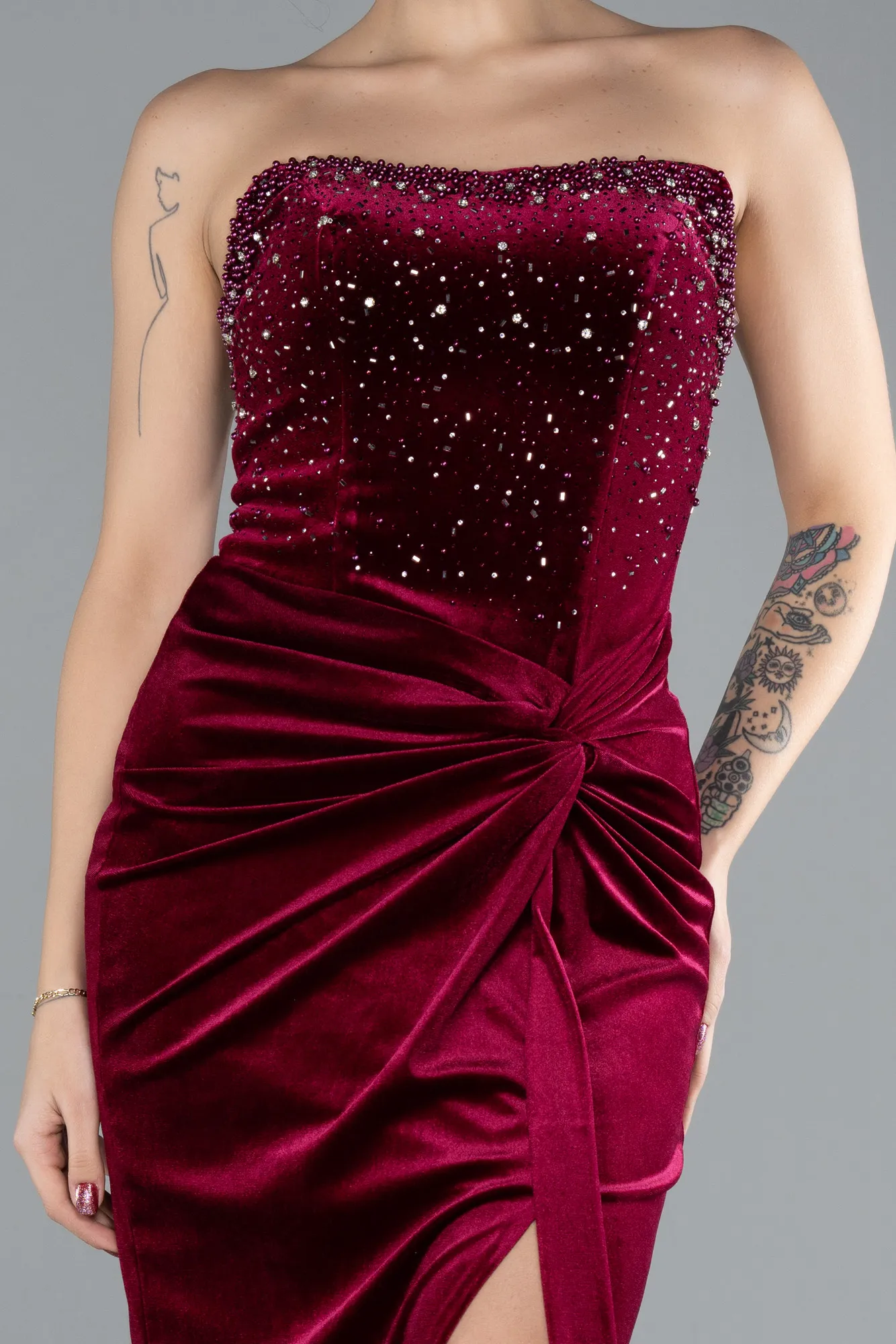 Burgundy-Long Velvet Evening Dress ABU4405