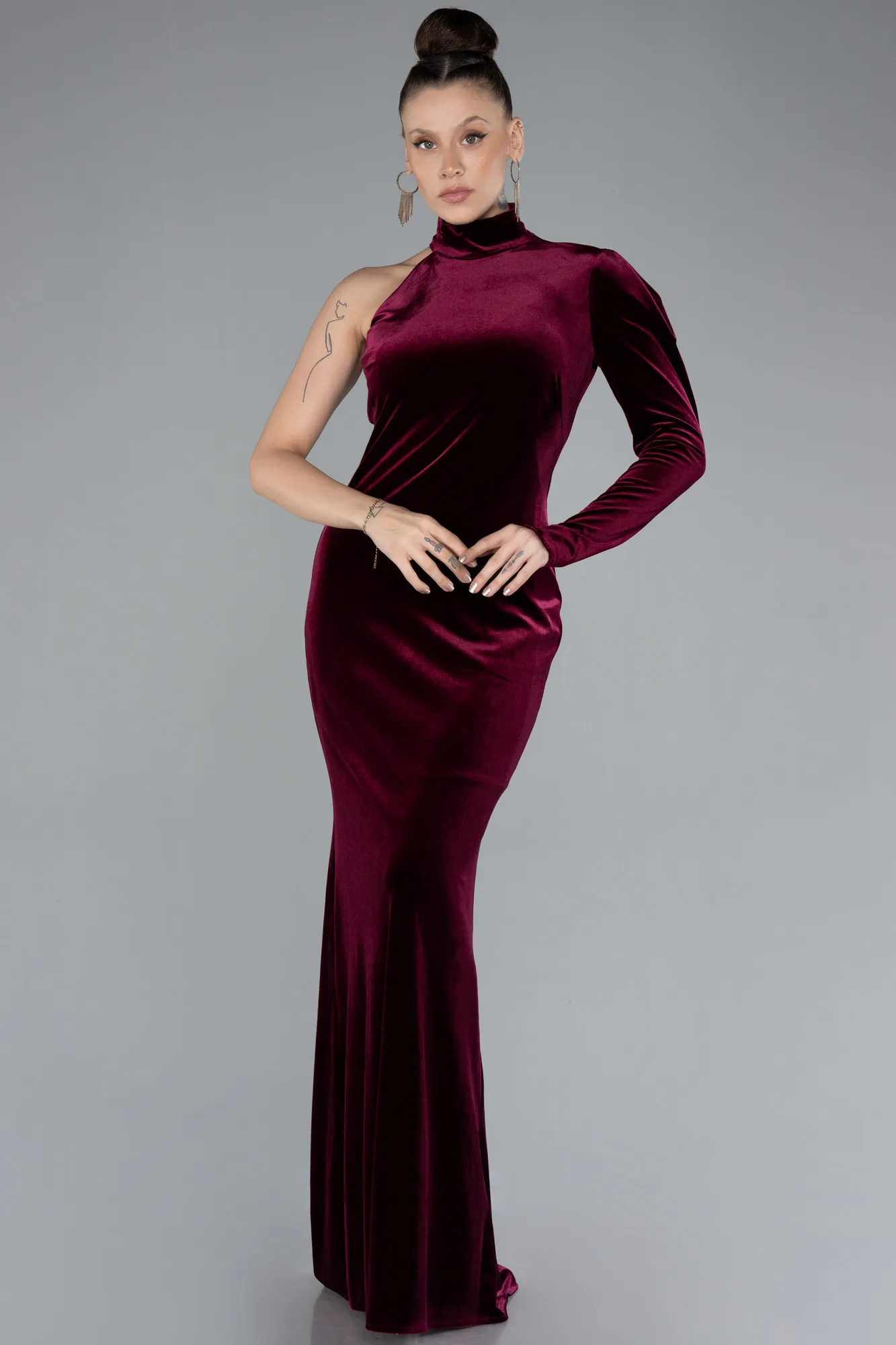 Burgundy-Long Velvet Evening Dress ABU4523