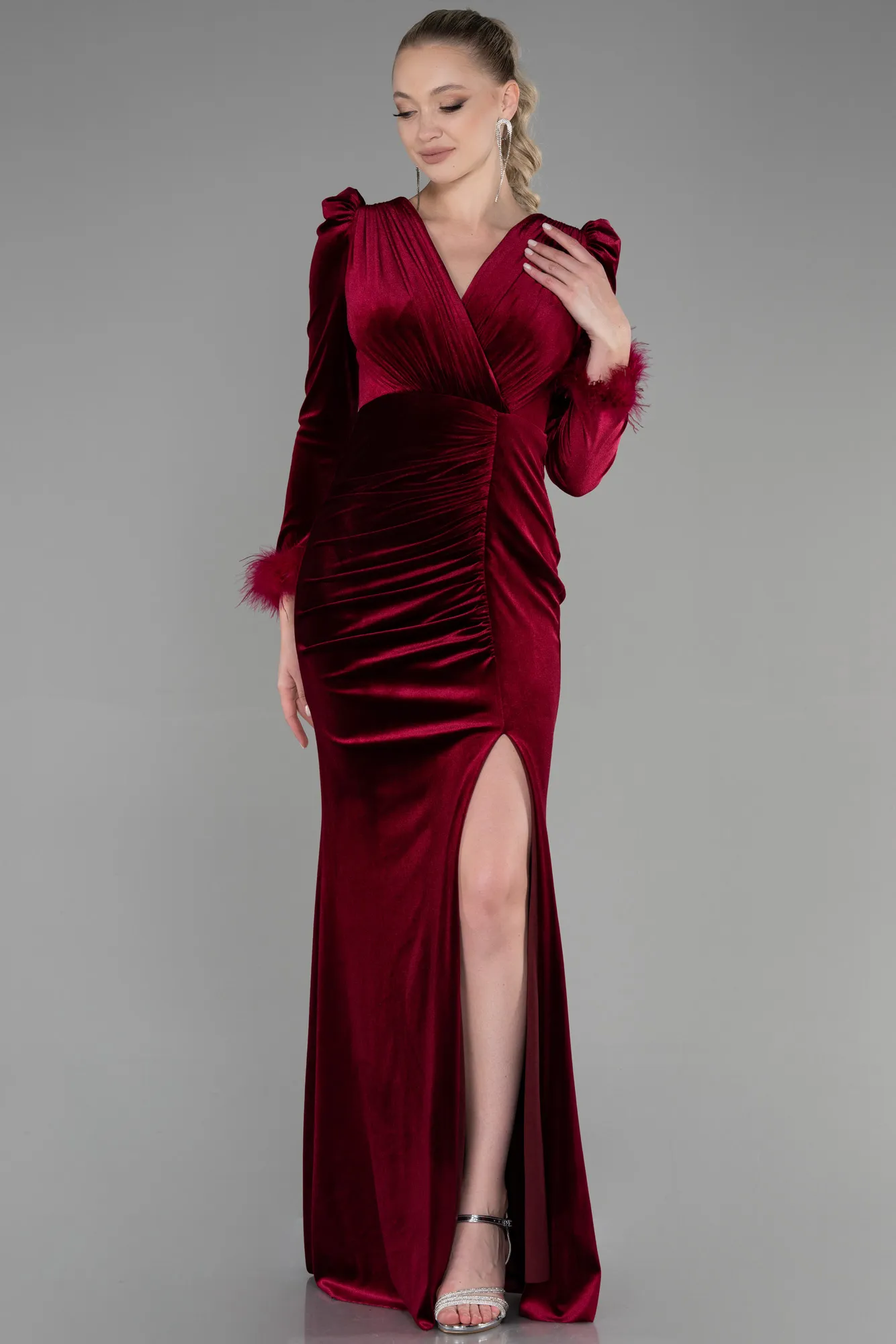 Burgundy-Long Velvet Mermaid Prom Dress ABU3393