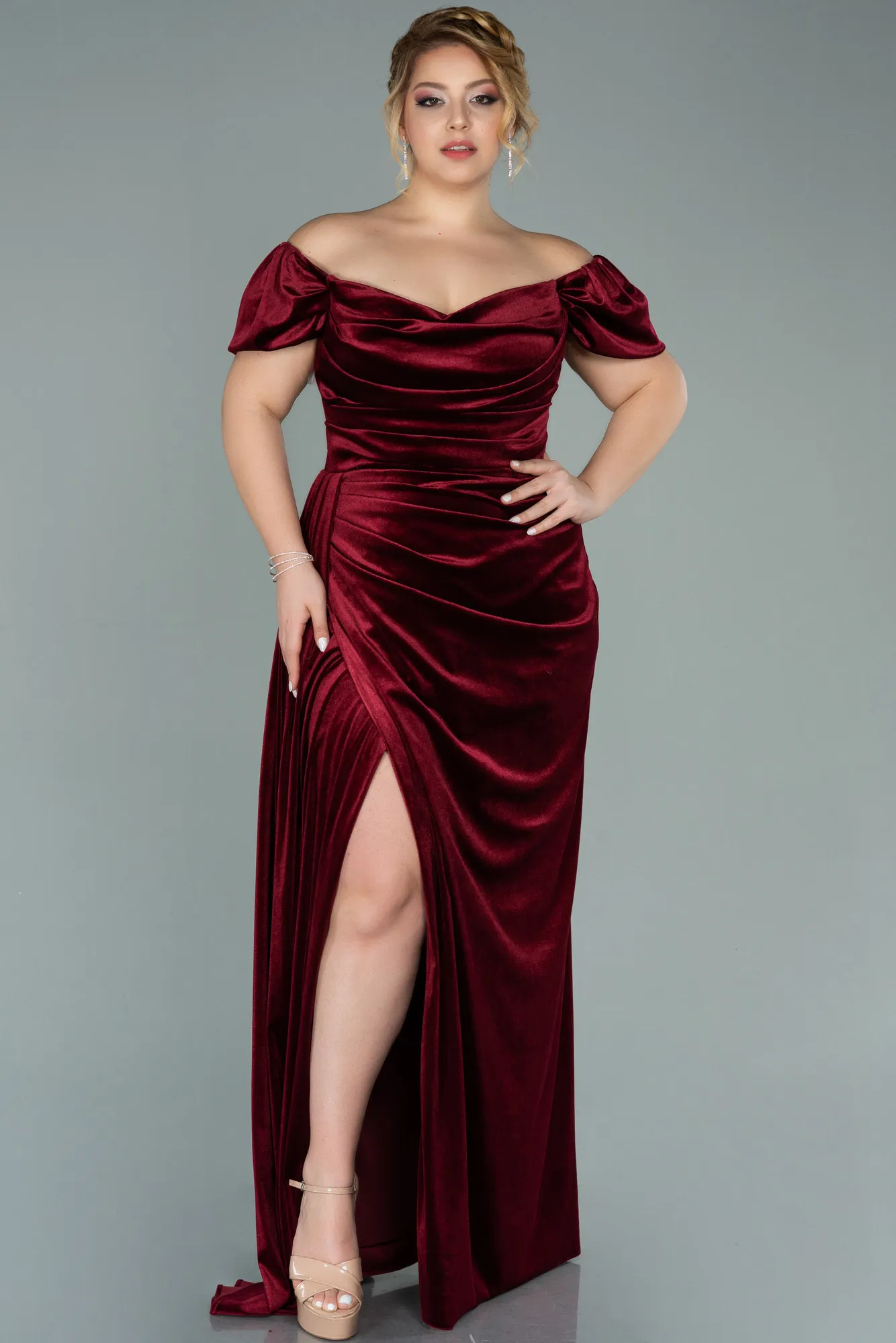 Burgundy-Long Velvet Oversized Evening Dress ABU1991