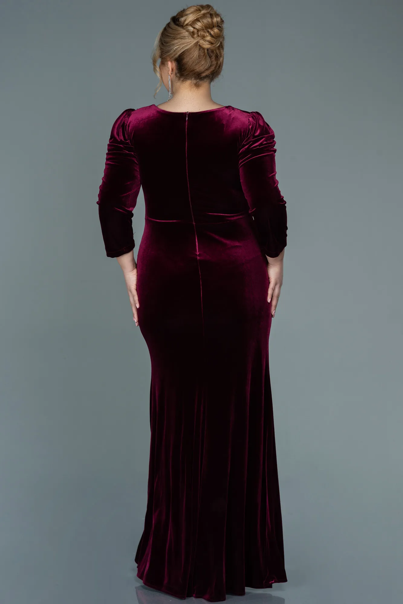 Burgundy-Long Velvet Plus Size Evening Dress ABU2697