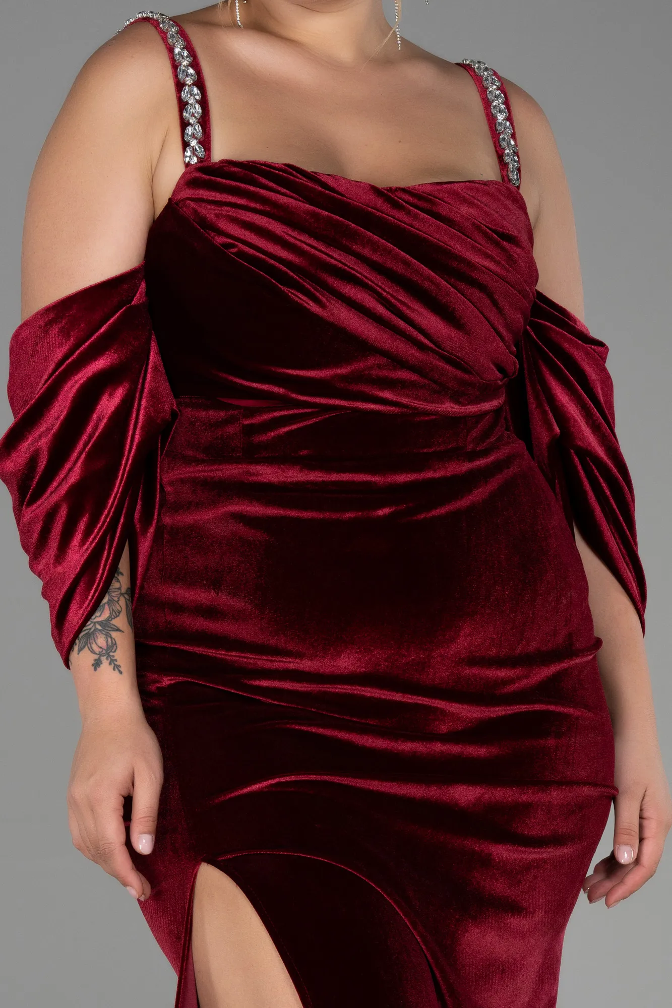Burgundy-Long Velvet Plus Size Evening Dress ABU3336