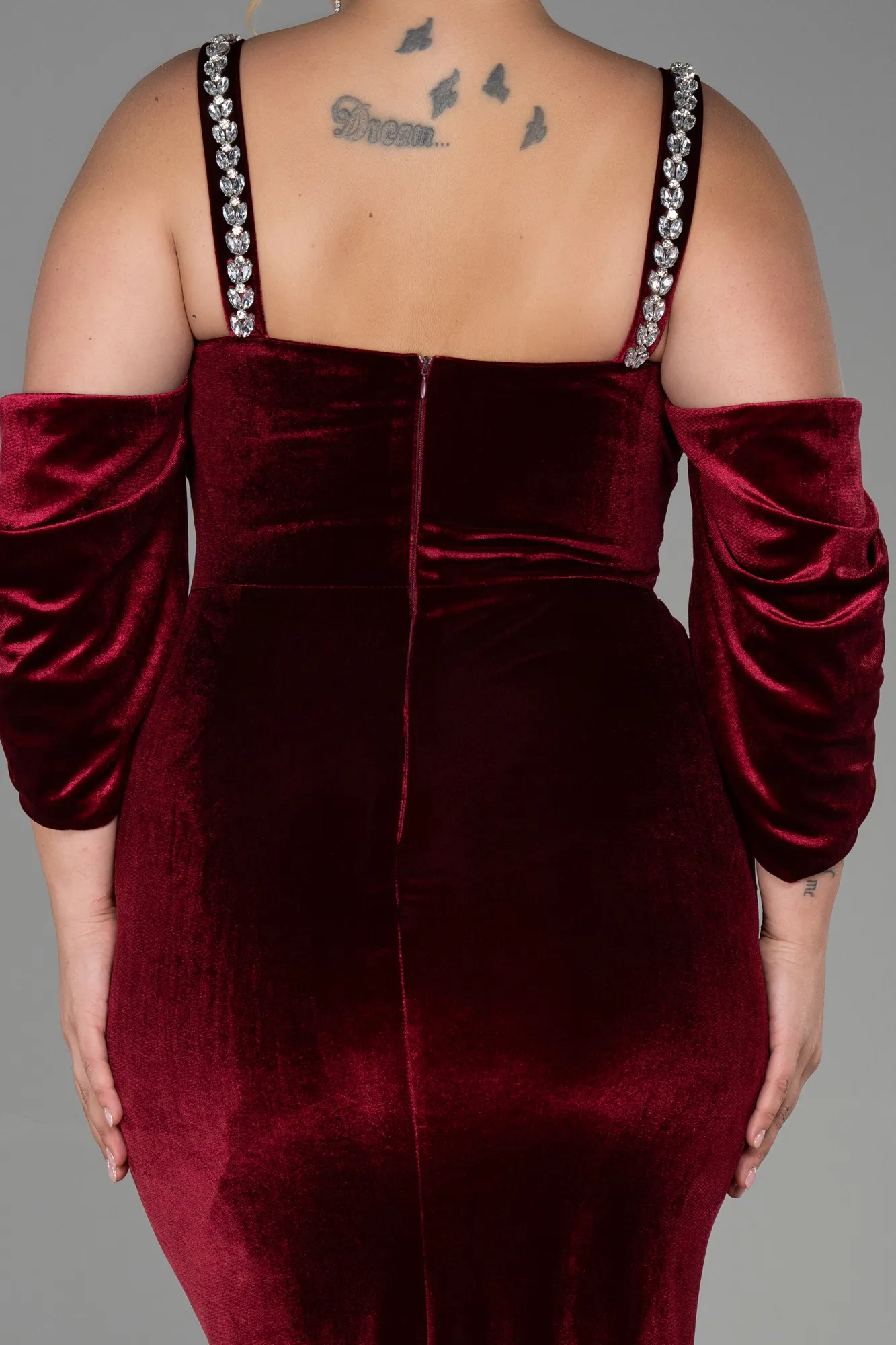 Burgundy-Long Velvet Plus Size Evening Dress ABU3336