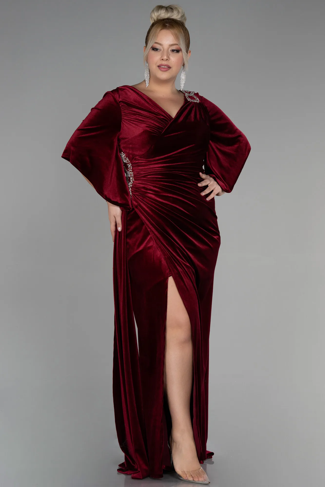 Burgundy-Long Velvet Velvet Oversized Evening Dress ABU3370