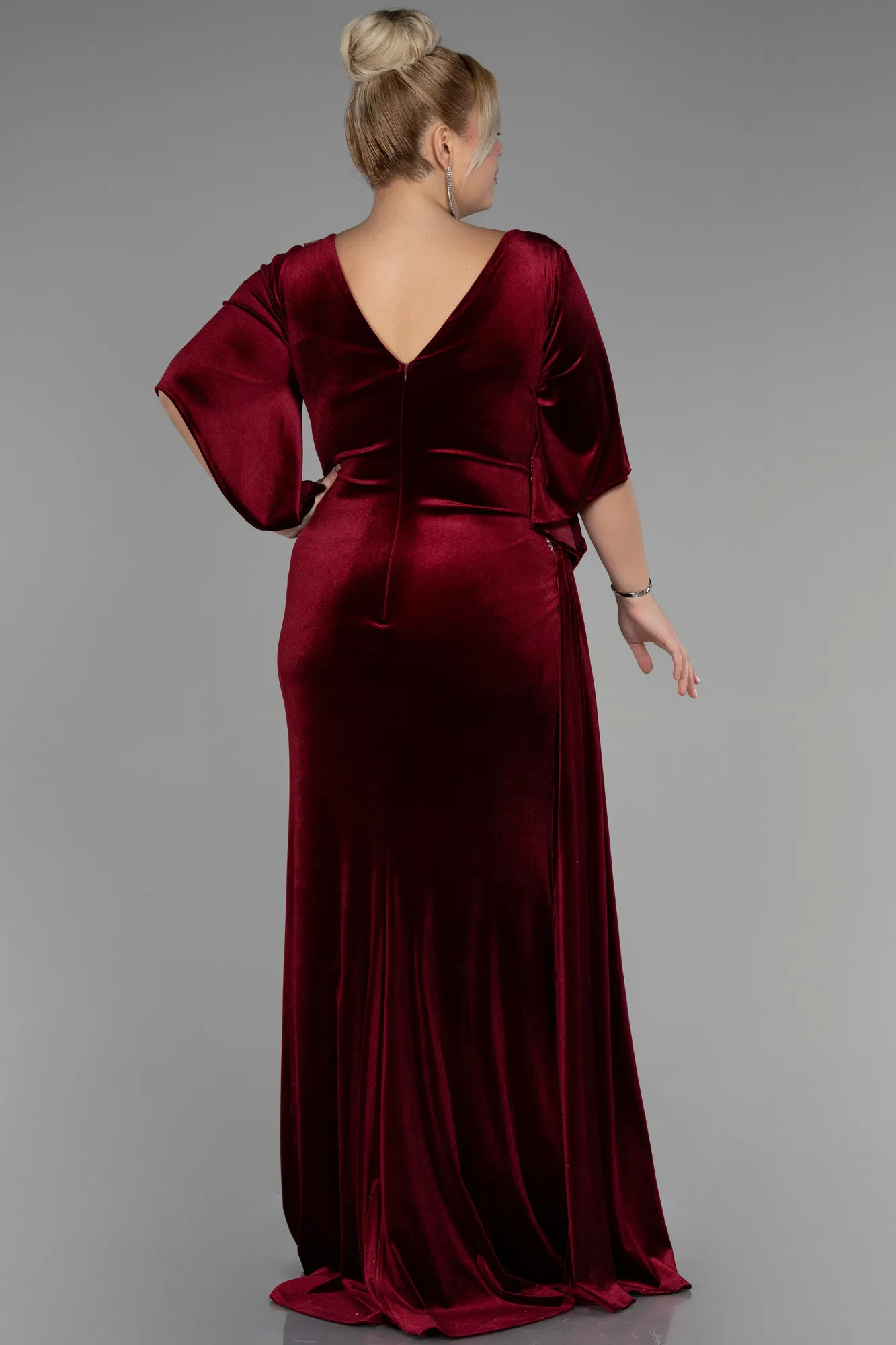 Burgundy-Long Velvet Velvet Oversized Evening Dress ABU3370