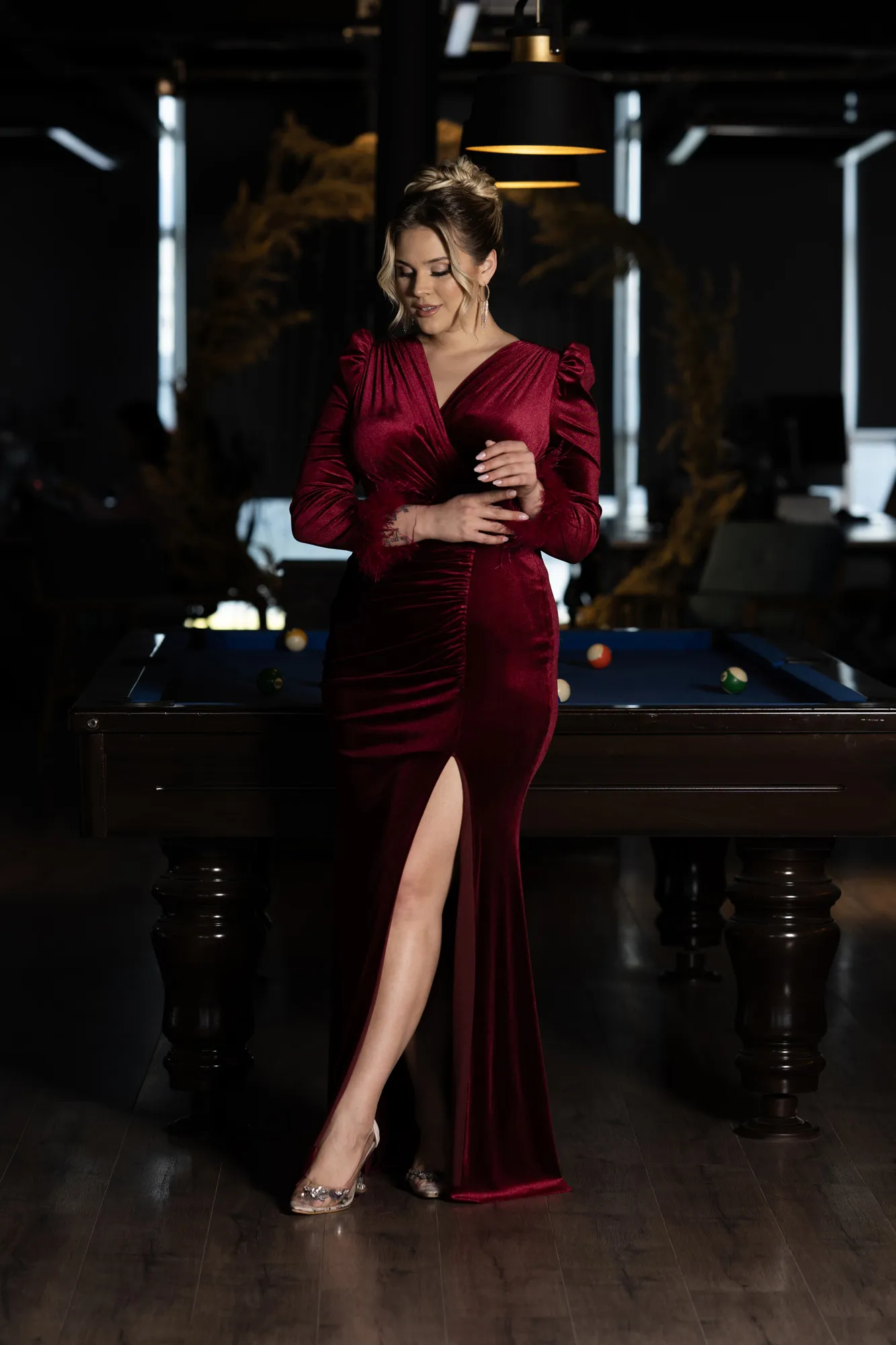 Burgundy-Long Velvet Velvet Oversized Evening Dress ABU3394