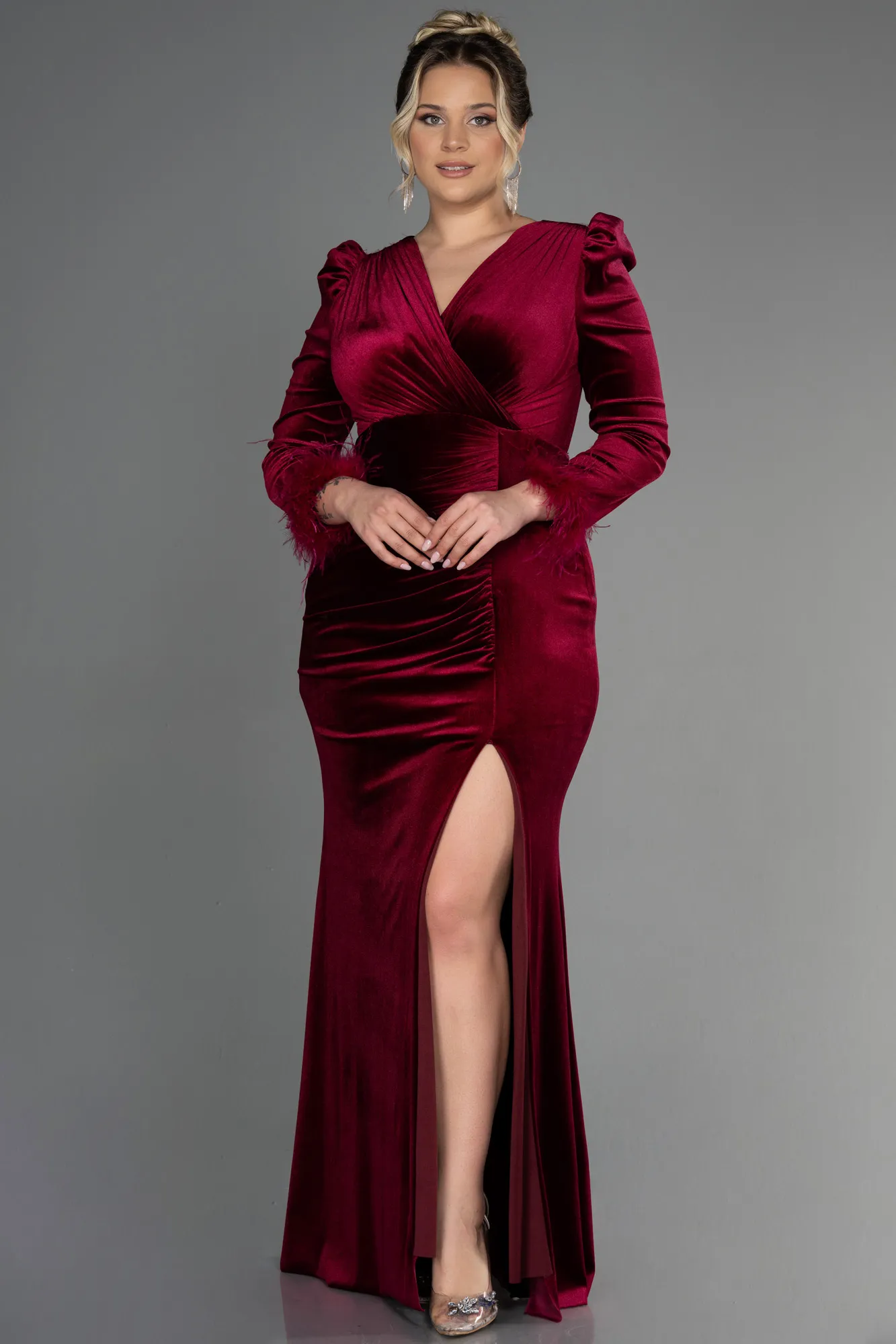 Burgundy-Long Velvet Velvet Oversized Evening Dress ABU3394