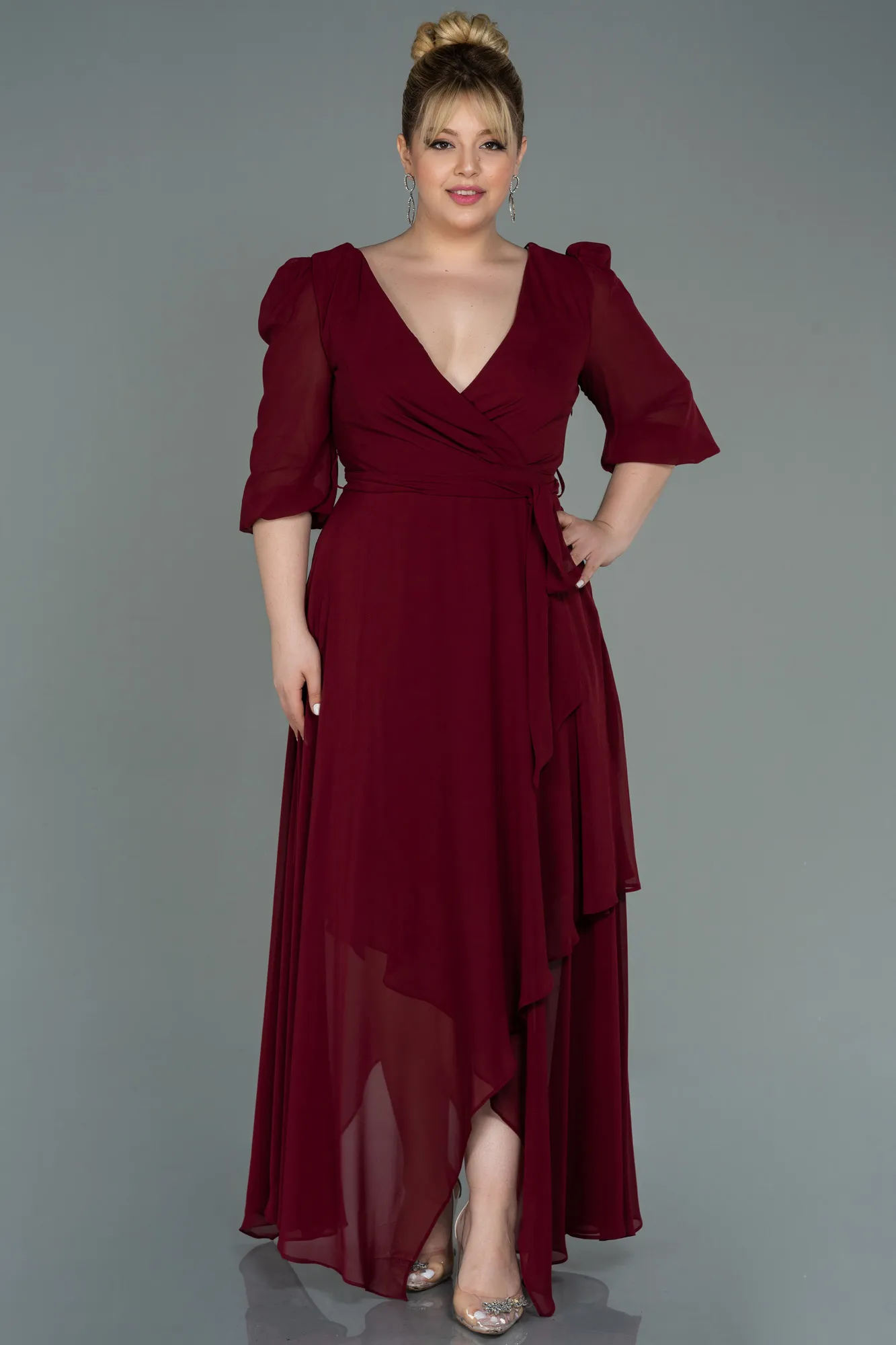 Burgundy-Midi Chiffon Oversized Evening Dress ABK1083