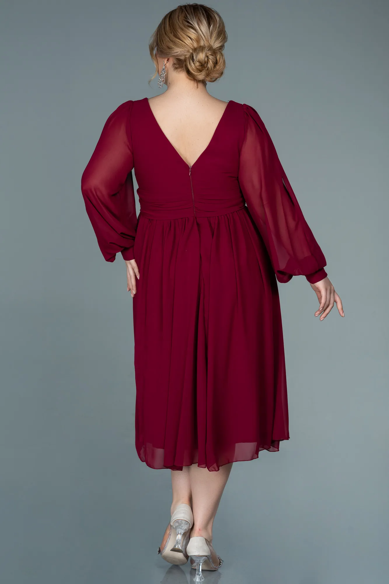 Burgundy-Midi Chiffon Plus Size Evening Dress ABK1565
