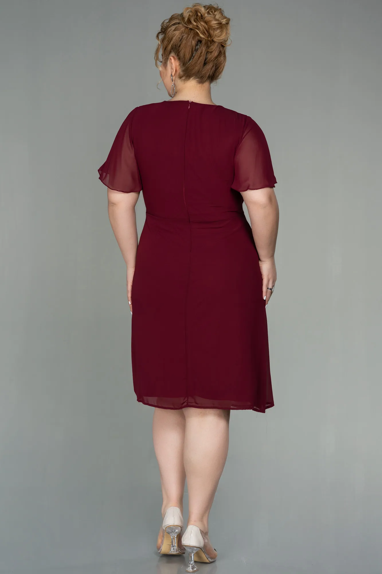 Burgundy-Midi Chiffon Plus Size Evening Dress ABK1660