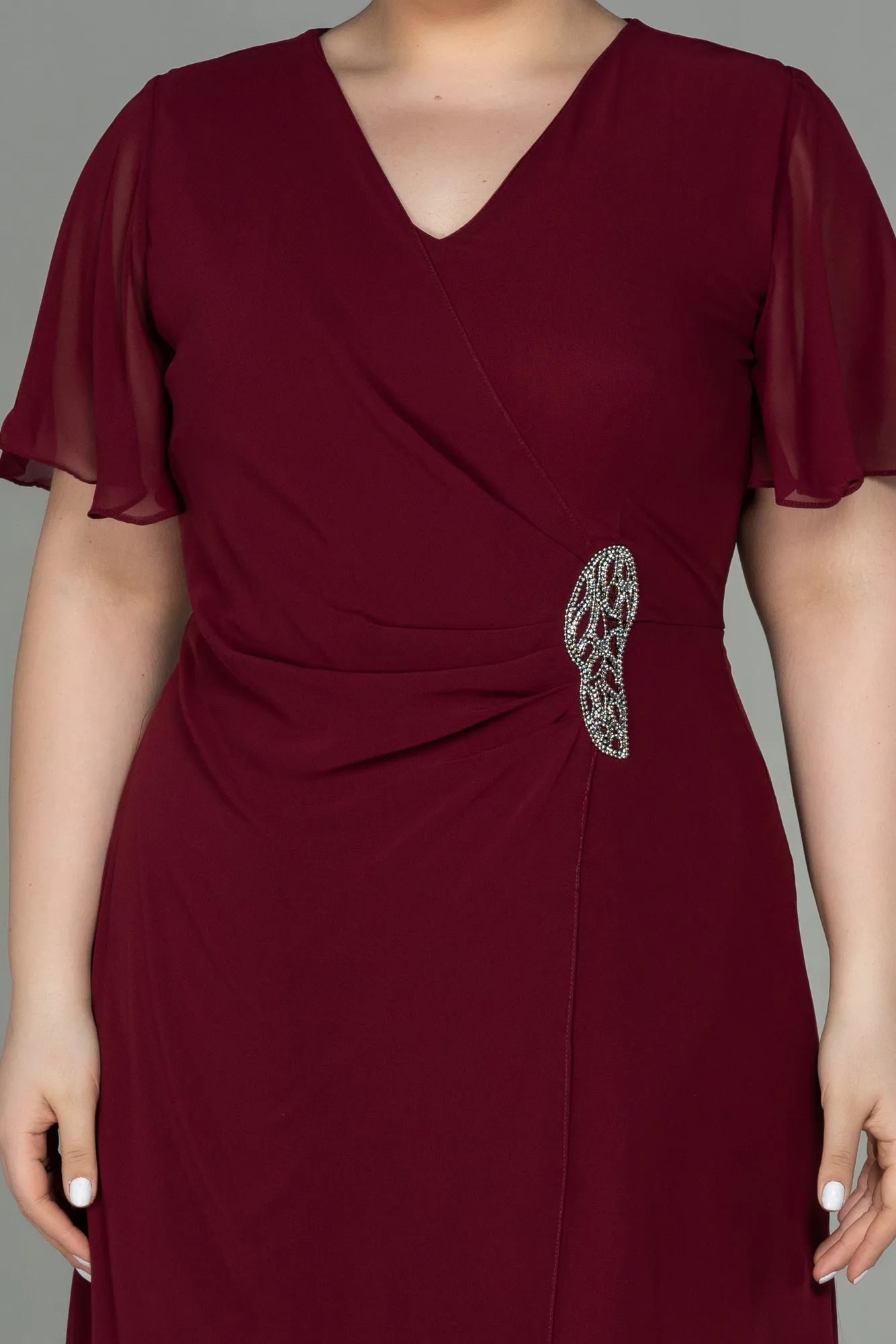 Burgundy-Midi Chiffon Plus Size Evening Dress ABK1660