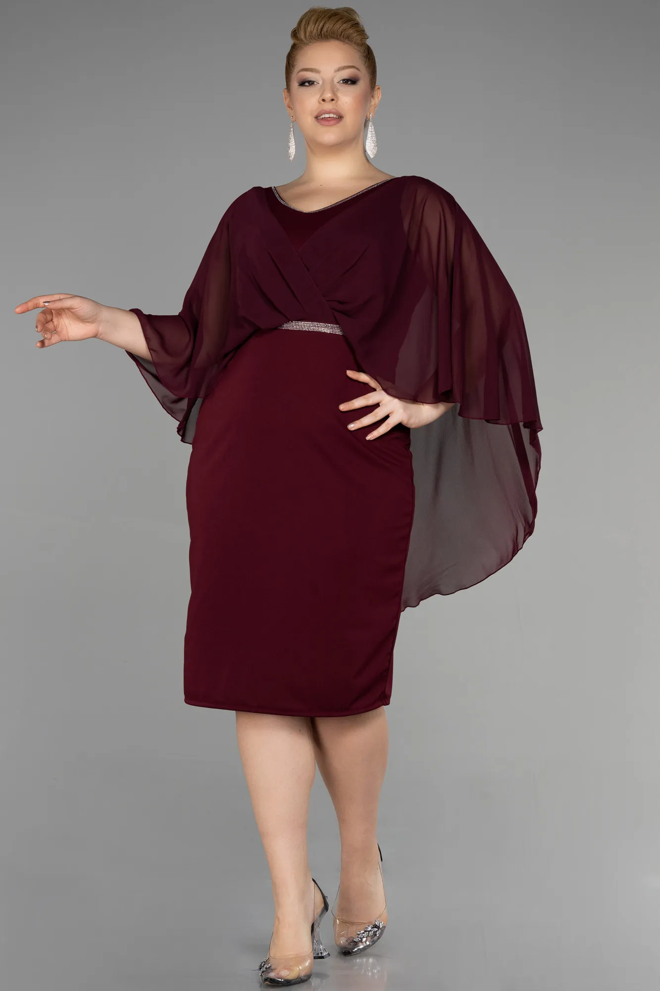 Burgundy-Midi Chiffon Plus Size Evening Dress ABK1924