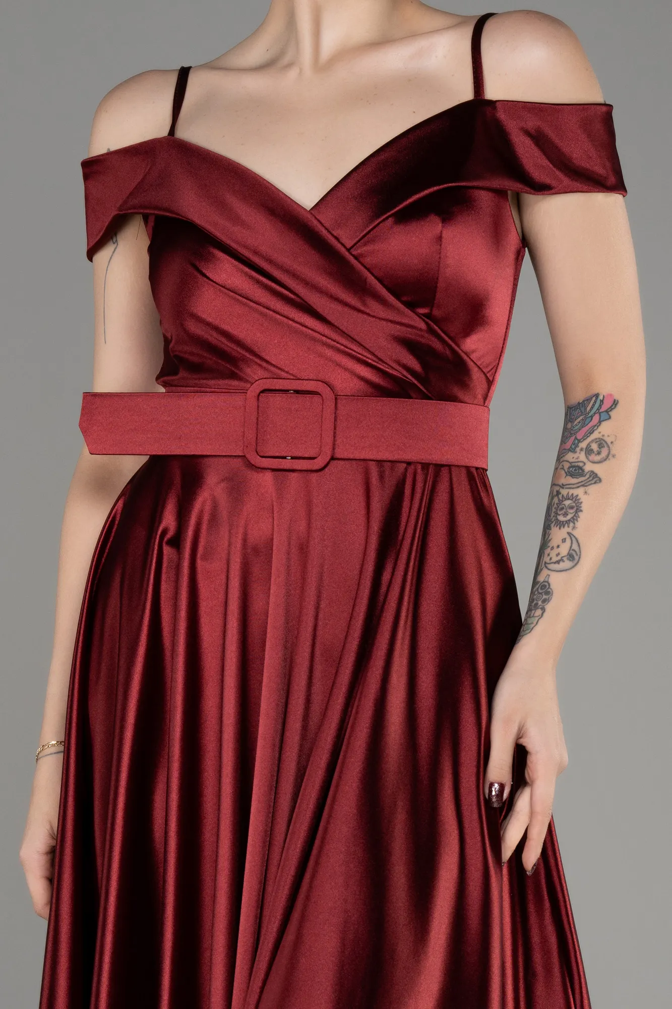 Burgundy-Midi Cocktail Satin Dress ABK2080