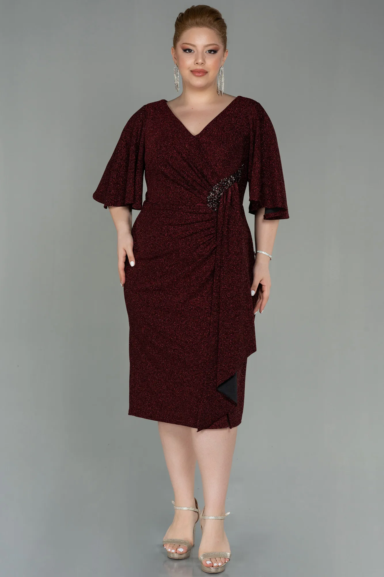 Burgundy-Midi Oversized Evening Dress ABK1625