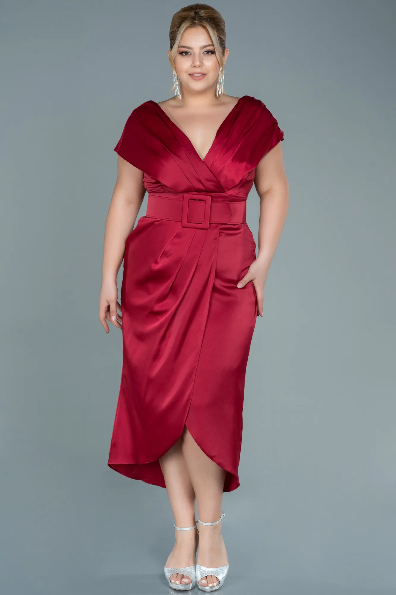 Burgundy-Midi Satin Plus Size Evening Dress ABK1499